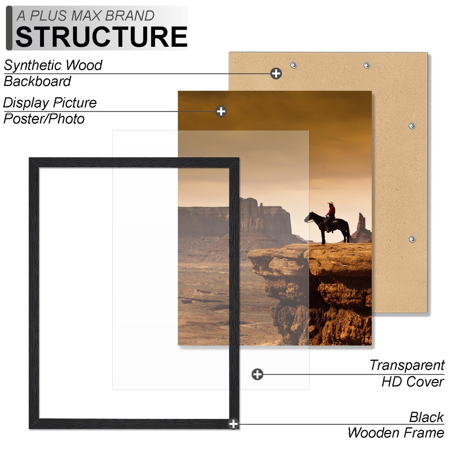 A PLUS MAX 24x36 Picture Frame, Black Engineered Wood Frame for 24 x 36 Inch Picture Poster Photo, Light Weight 24 by 36 Frame with Wood-grain for Wall - 1 Pack/Black/24 x36