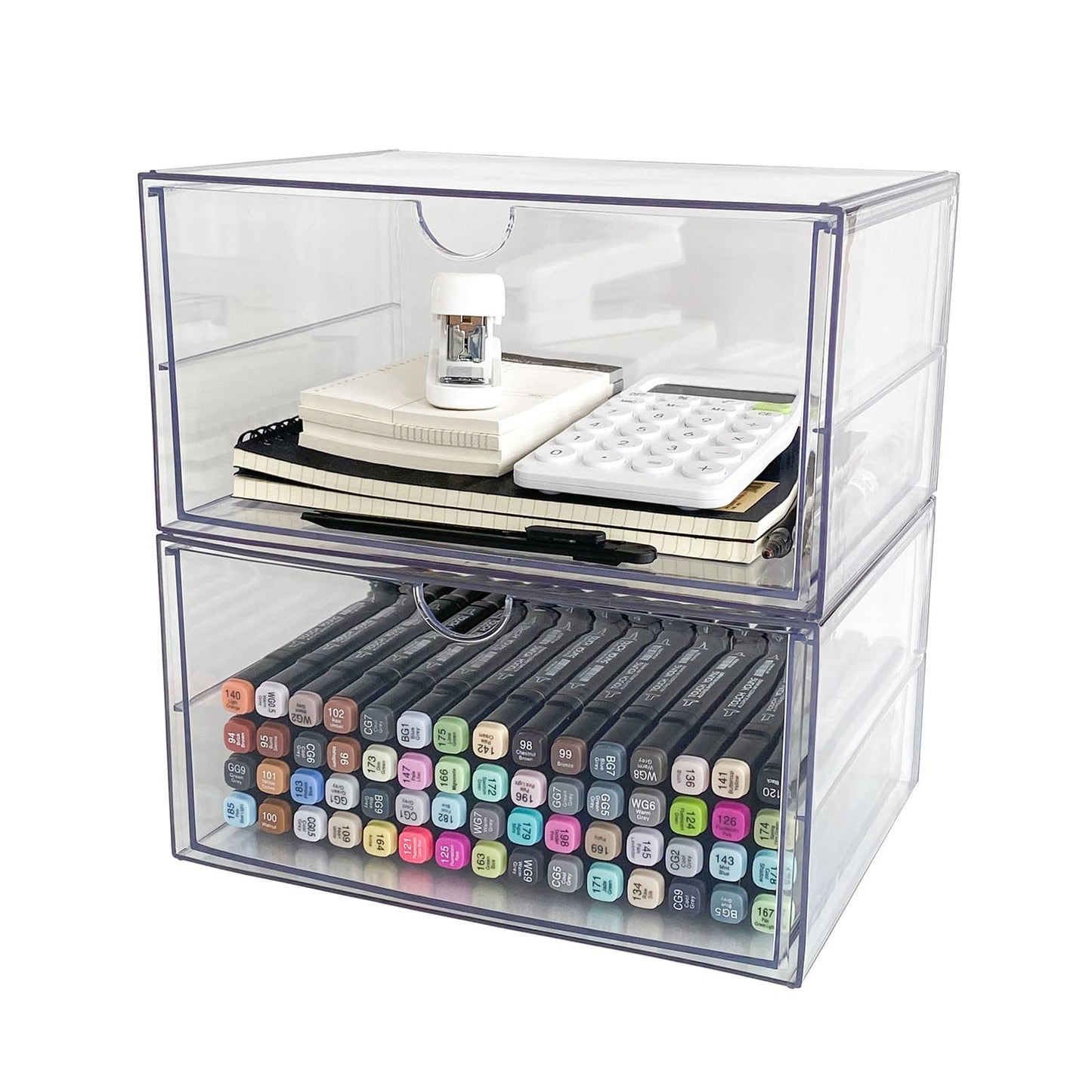 NINEWEEN Clear Desk Organizers and Accessories, 2 Pack Plastic Drawer Organizer for Office Supplies, Marker Pen, Art Crafts, Stationery, Coffee Pods, Stackable Home Storage (2 Drawers)