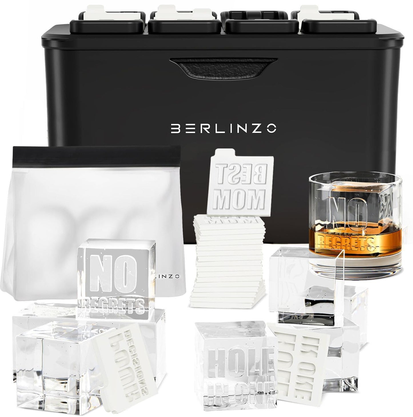 Berlinzo Premium Clear Ice Cube Maker Mold with Conversation Ice Prints – Best Gift for Dad & Whiskey Lover – 8 Large 2.1" Crystal Transparent Ice Squares – Includes Storage Bag (Non-Electric)