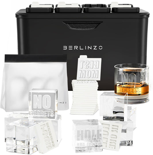 Berlinzo Premium Clear Ice Cube Maker Mold with Conversation Ice Prints – Best Gift for Dad & Whiskey Lover – 8 Large 2.1" Crystal Transparent Ice Squares – Includes Storage Bag (Non-Electric)