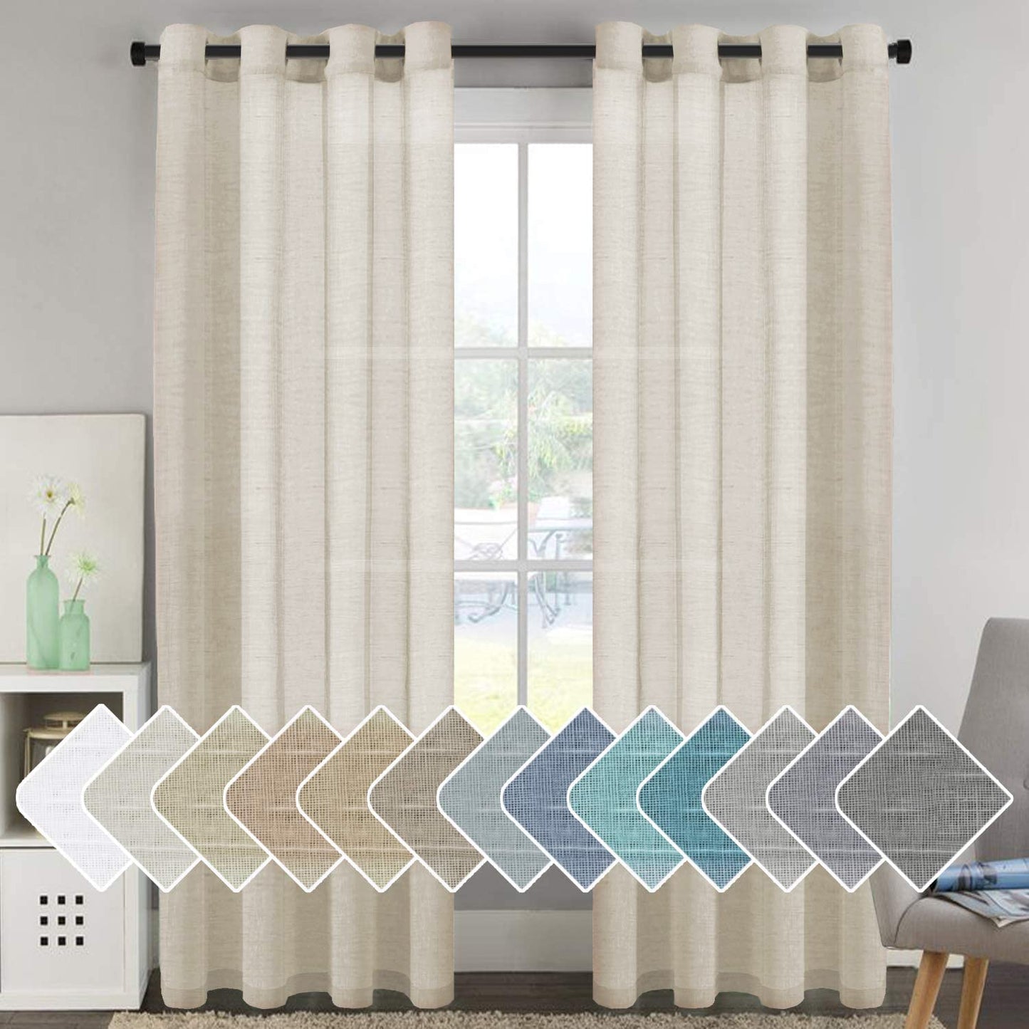H.VERSAILTEX Linen Curtains Nickel Grommet Natural Linen Semi-Sheer Curtains 2 Panels Privacy Added Premium Soft Rich Material Drapes for Bedroom/Livingroom - 52x96 - Inch - Linen