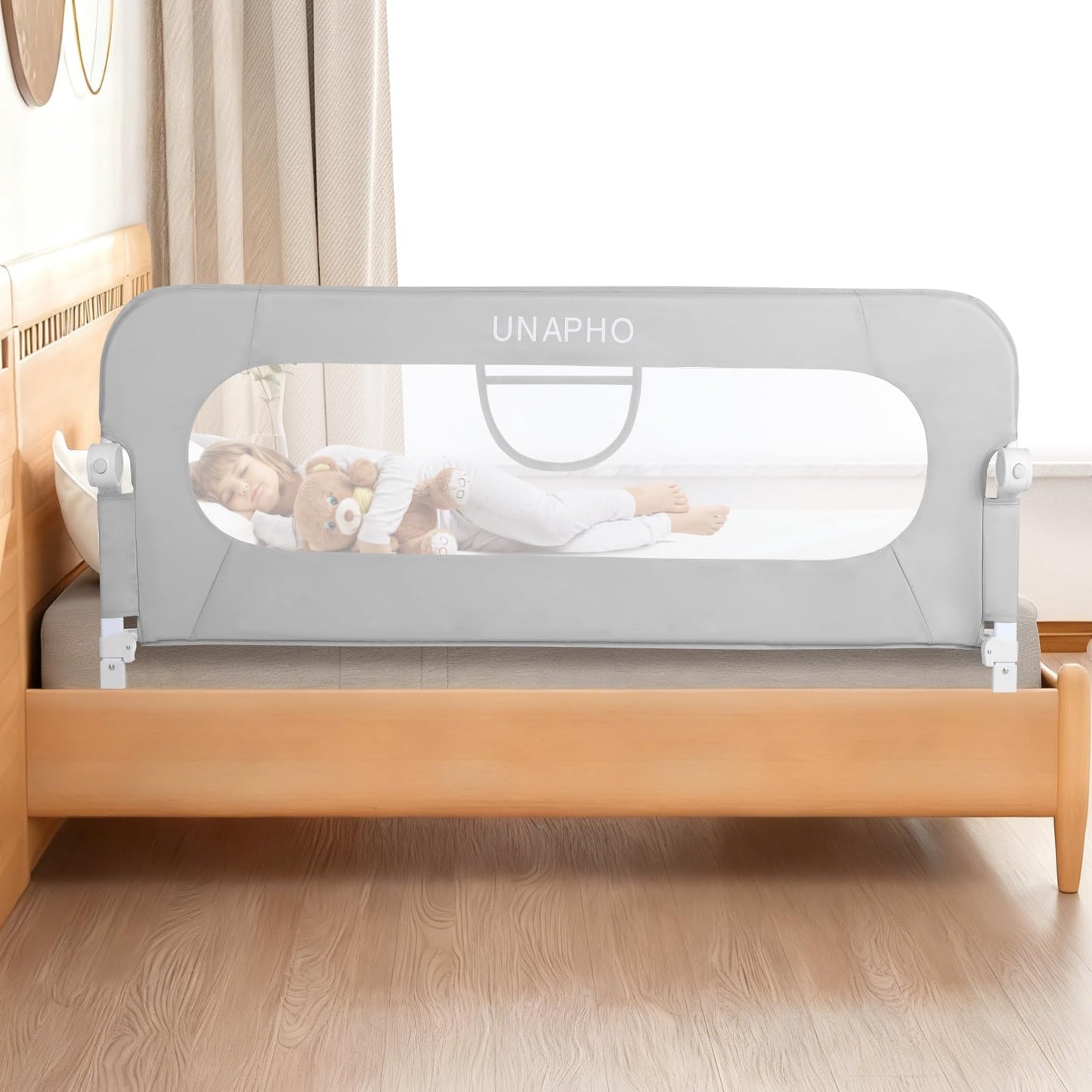 UNAPHO Bed Rail for Toddlers,Swing Down Kids Bed Rails Guard for Twin,Full,Queen,Bunk Size Bed,Extra Tall Child Bed Rail Guard with Reinforced Anchor Safety System,Grey