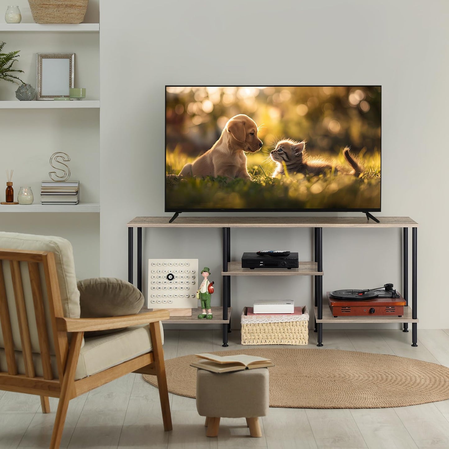 Luplom 50 Inch TV Stand for Bedroom Rustic Grey Entertainment Center with Storage 3 Tier TV Consoles for Living Room TV Console Table Media Cabinet with Open Storage Shelves for 50 43 40 32 Inch TV