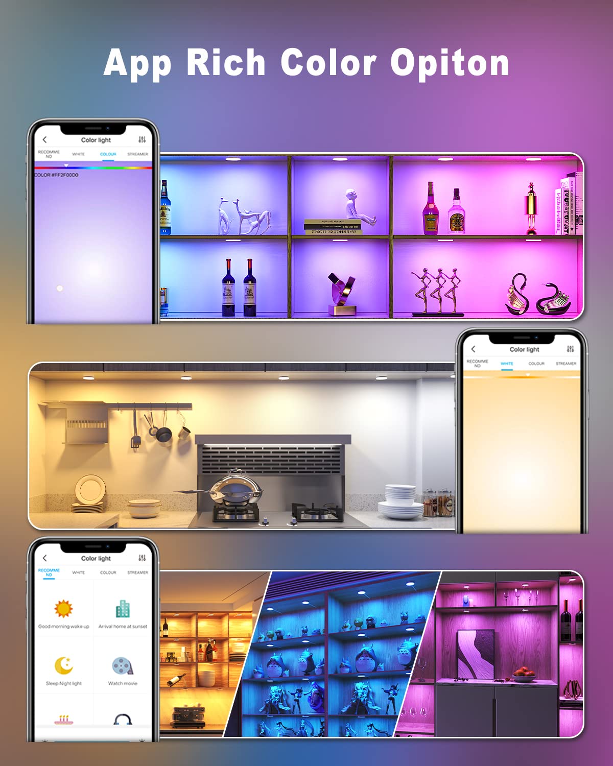 MYPLUS Smart Under Cabinet Lights, Ambiance Puck Lights Compatible with Alexa and Google Home,WiFi Controlled Dimmable and RGB Color Smart Lamp Fixture (7cm-4PCS)