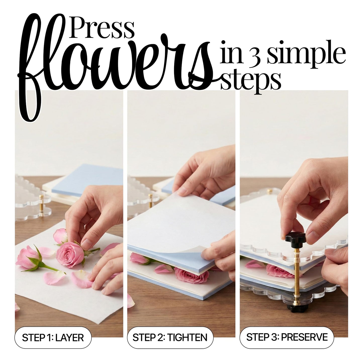 Acrylic Flower Press for DIY Flowers, Weddings, Bridal Showers, Journals & Home Décor – Large and Mini Clear Press Plates with Tools & Reusable Pressing Boards for Drying Flowers and Botanicals