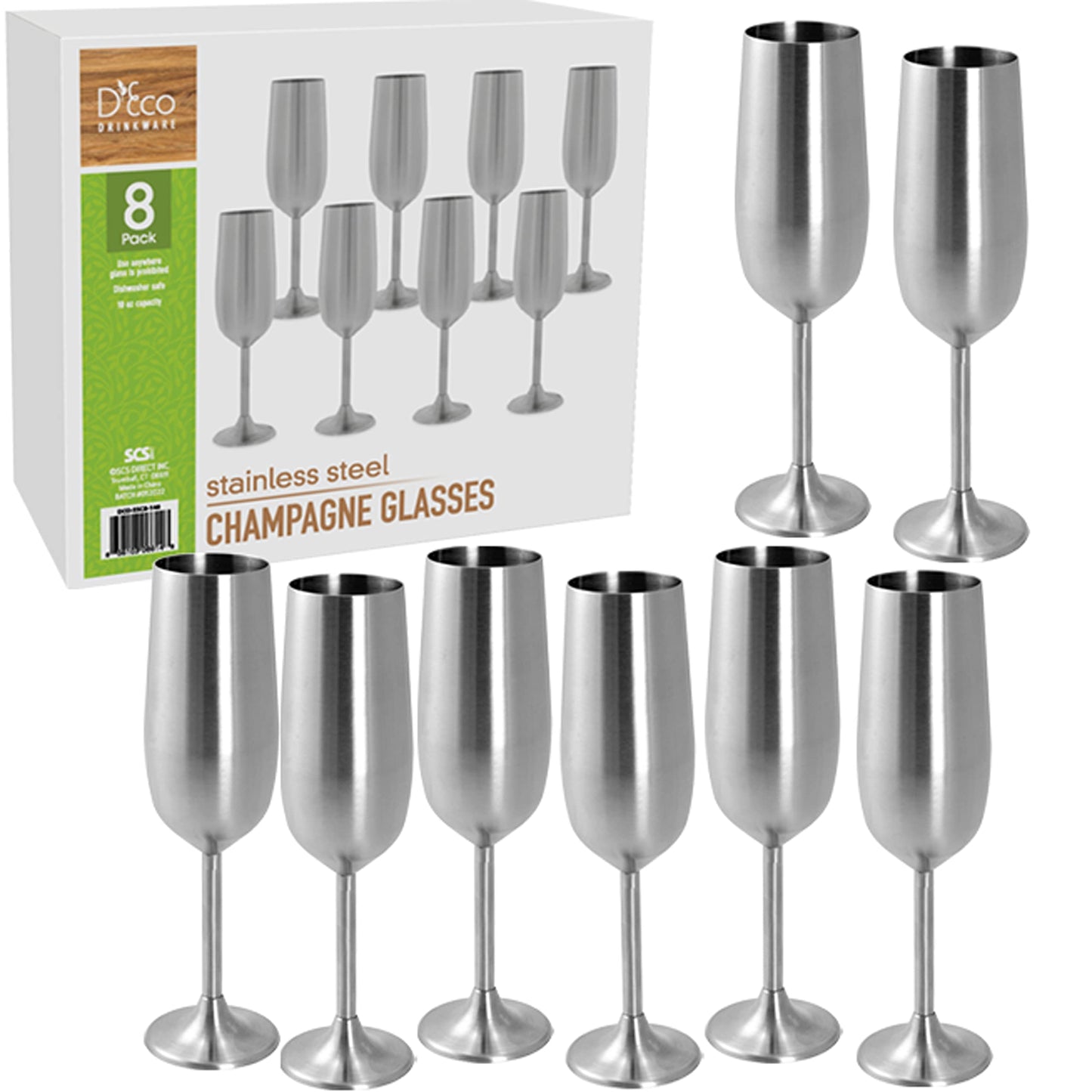 Unbreakable 8 Oz Stainless Steel Champagne Flutes (8 Pk)- Large Stemmed Matte Silver Champagne Glasses - Reusable Indoor Outdoor Drinkware - Keeps Drink Cool for Longer- Graduation & Mother's Day Gift