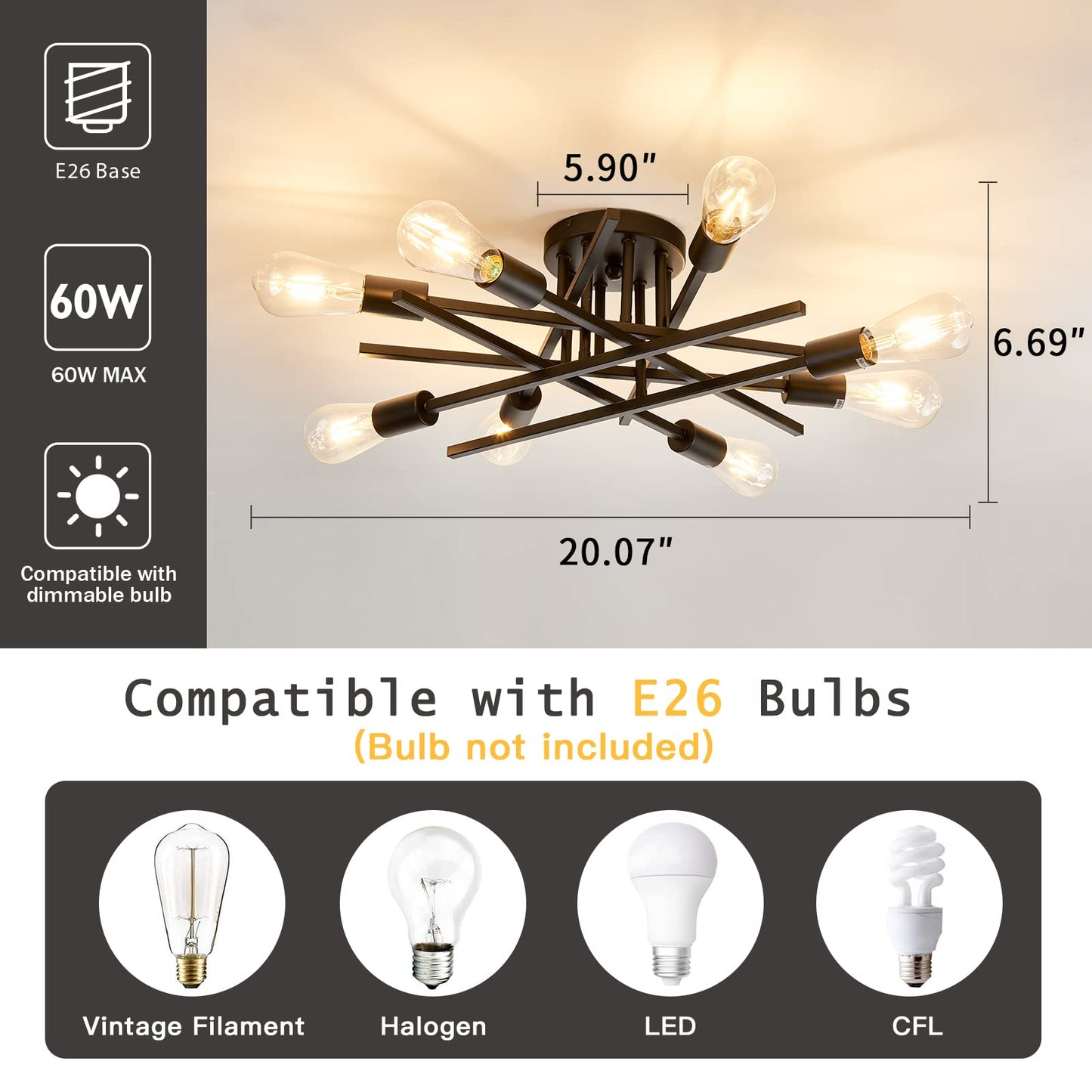 ASGYISA 8-Lights Semi Flush Mount Ceiling Light Fixture，Modern Black Vintage Metal Sputnik Chandelier， Ceiling Lamp for Bedroom Kitchen Dining Room Living Room with E26 Bulb Base
