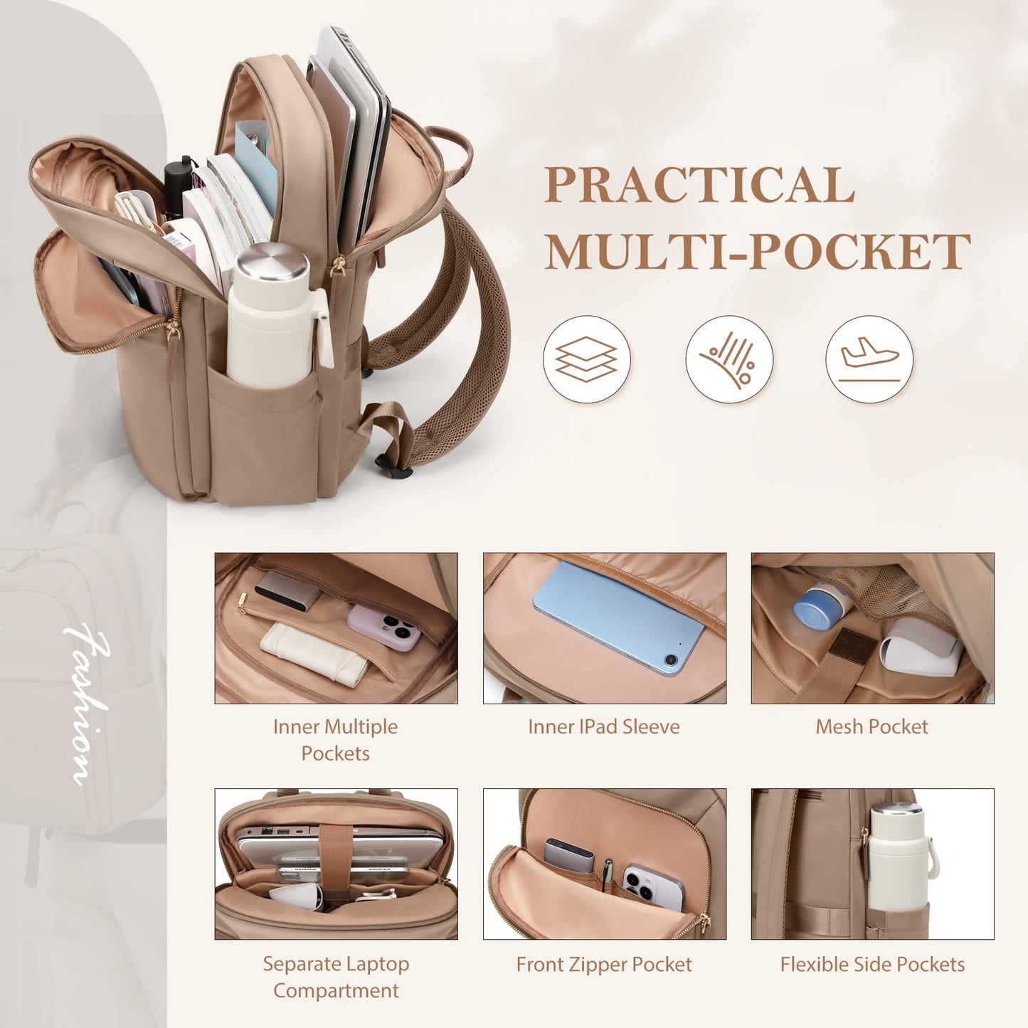 GOLF QUALITY Travel Backpack for Women Personal Carry On Bag Business Weekender Hiking Multilayer Laptop Bag,16 Inch,Champagne Brown