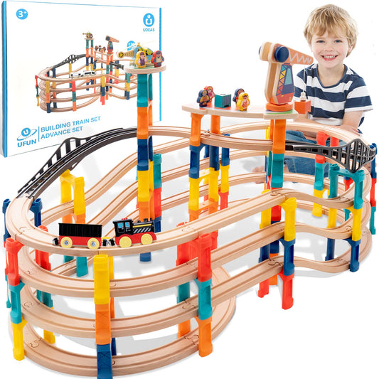120Pcs Wooden Train Tracks Set, 398-inch Track Expansion, Toddler Railway Bridge Toy Train Set with Airplane and Magnetic Crane, Birthday Gifts for Boys and Girls, Compatible with All Major Brands