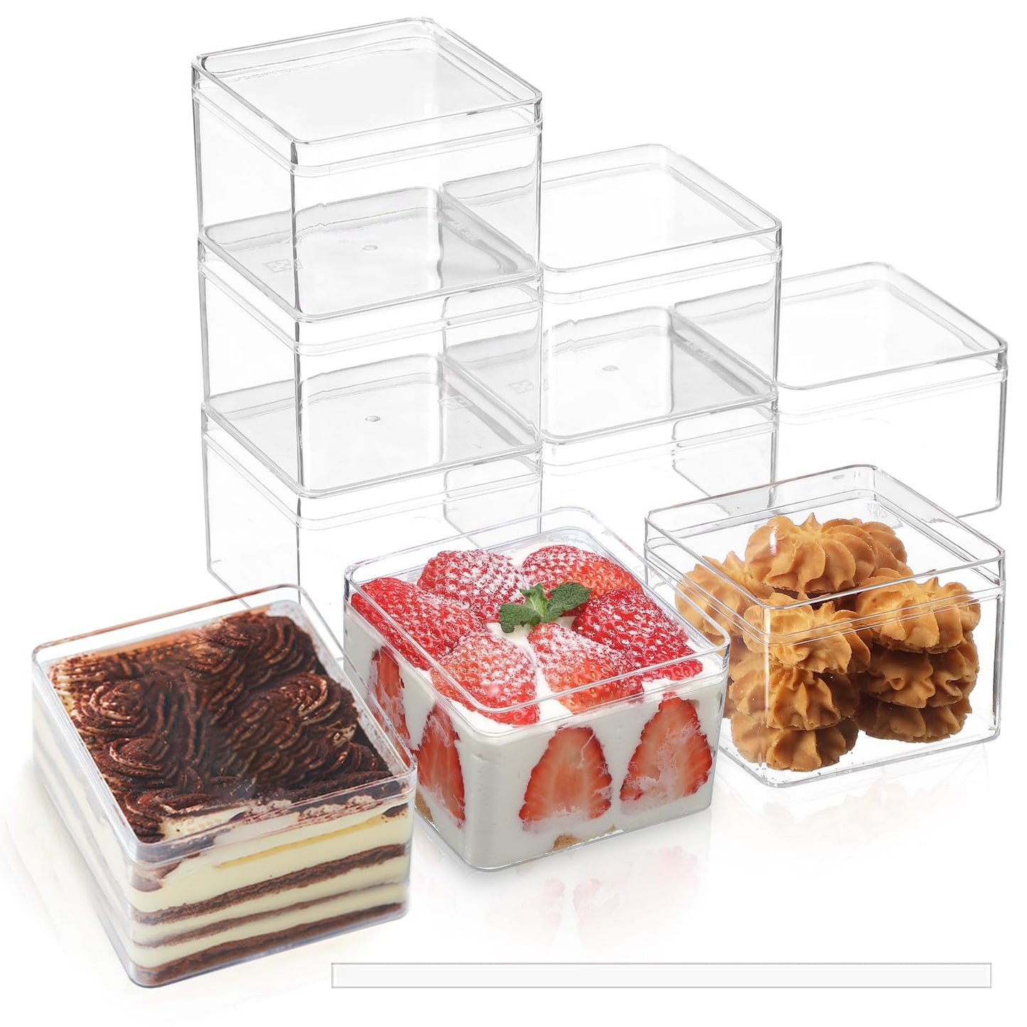 FZJ 50 Pack 15OZ Square Clear Plastic Dessert Cups with Lids and Stickers Disposable Fruit Cups for Dessert,Tiramisu container with lid,Cupcake,Parfait,Pudding,Iced Cold Drinks,Fruits,Bakeries