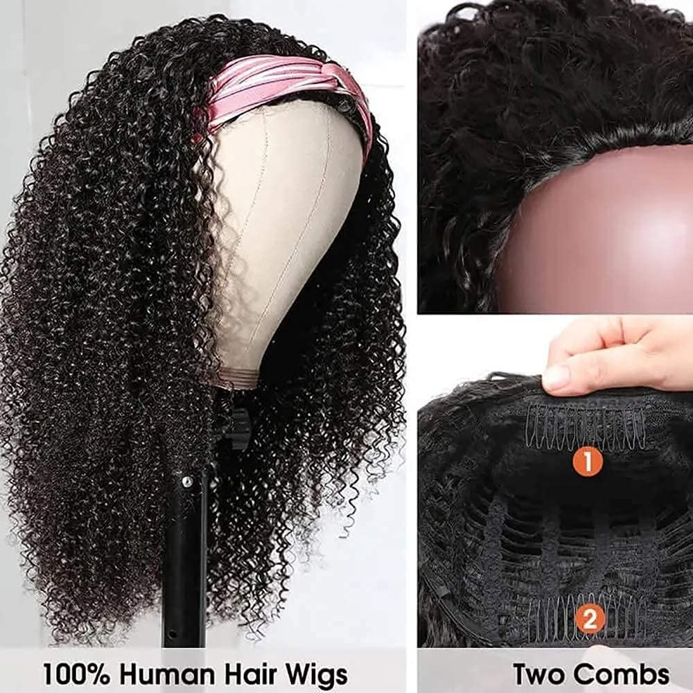 Nadula Hair Afro Kinky Curly Half Wigs Human Hair for African American Women, 100% Virgin Human Hair Headband Curly 3/4 Half Wigs Glueless Wear and Go Beginner and Friendly 180% Density 16 Inch