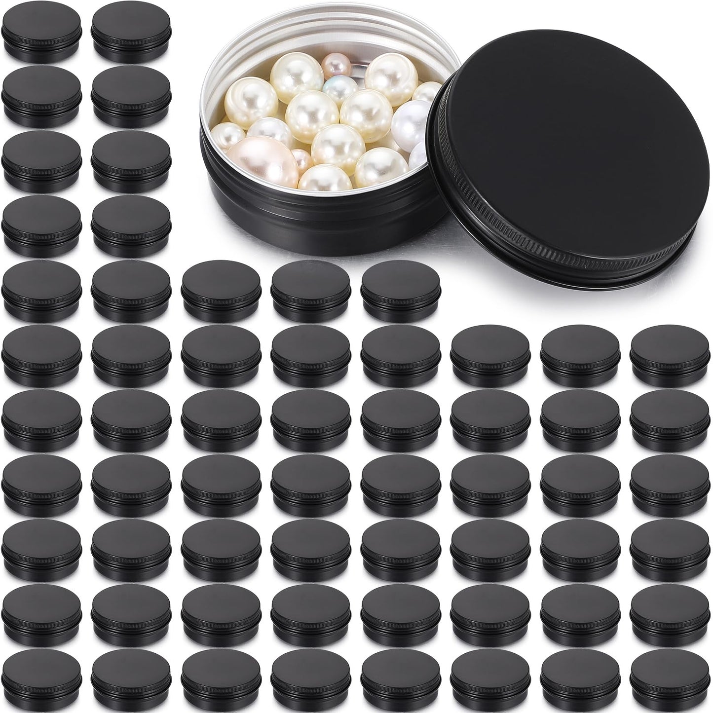 Patelai 64 Pieces Lip Balm Tin Containers Screw Top Round Tin Cans Aluminum Tin Jar with Screw Lid, Empty Bottle Travel Cosmetic Sample Tin Cans Container for DIY(Matte Black, 2 oz)