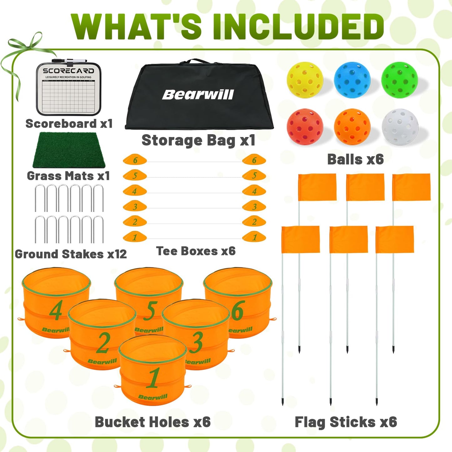 Bearwill Golf Bucket Game for Family, Adults and Kids Portable 6 Hole Golf Course with Balls and Flag, Outdoor Indoor Golf Yard Game for Park, Beach, Lawn, Camping