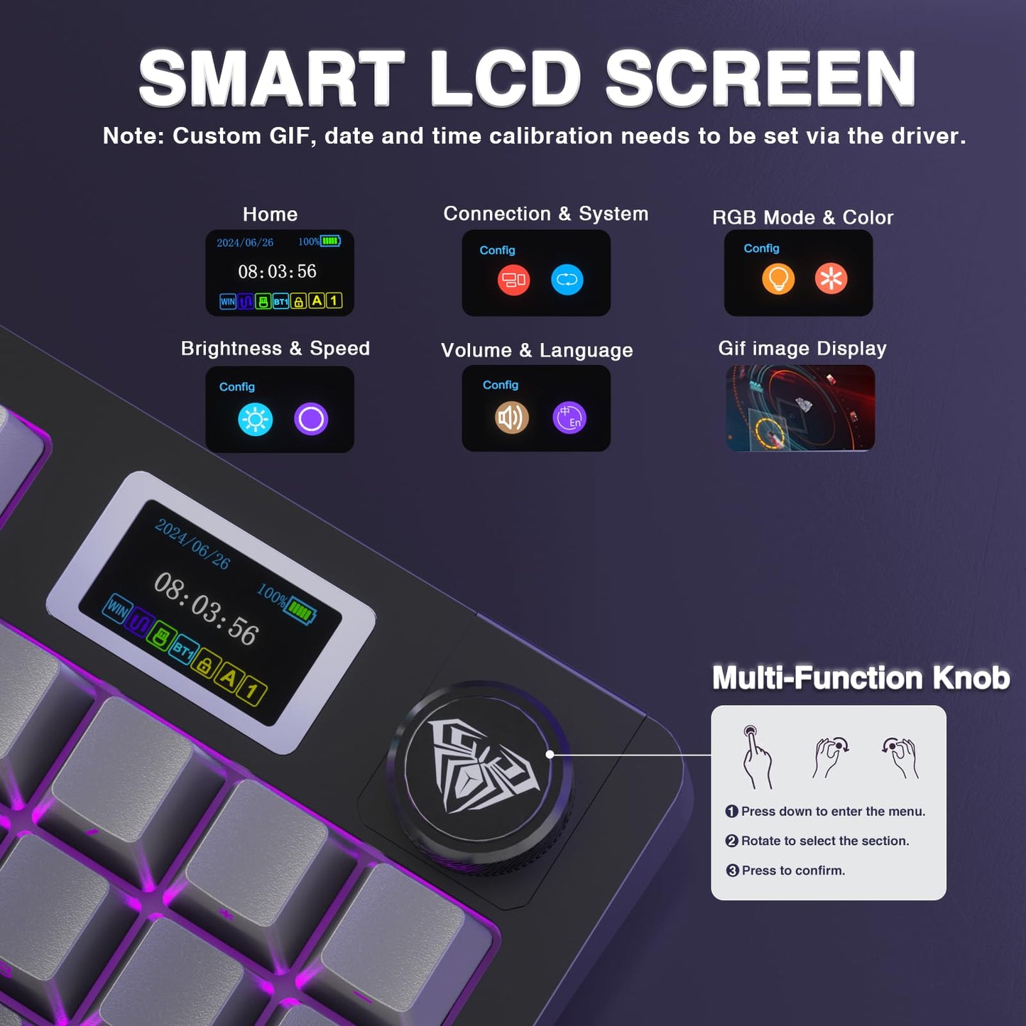 AULA S98 Pro Wireless Mechanical Keyboard with Screen & Knob,2.4GHz/USB-C/BT5.0 Gasket Hot Swappable Creamy Keyboard,Pre-lubed Linear Switches,Side Printed PBT Keycaps,RGB Backlit Gaming Keyboard