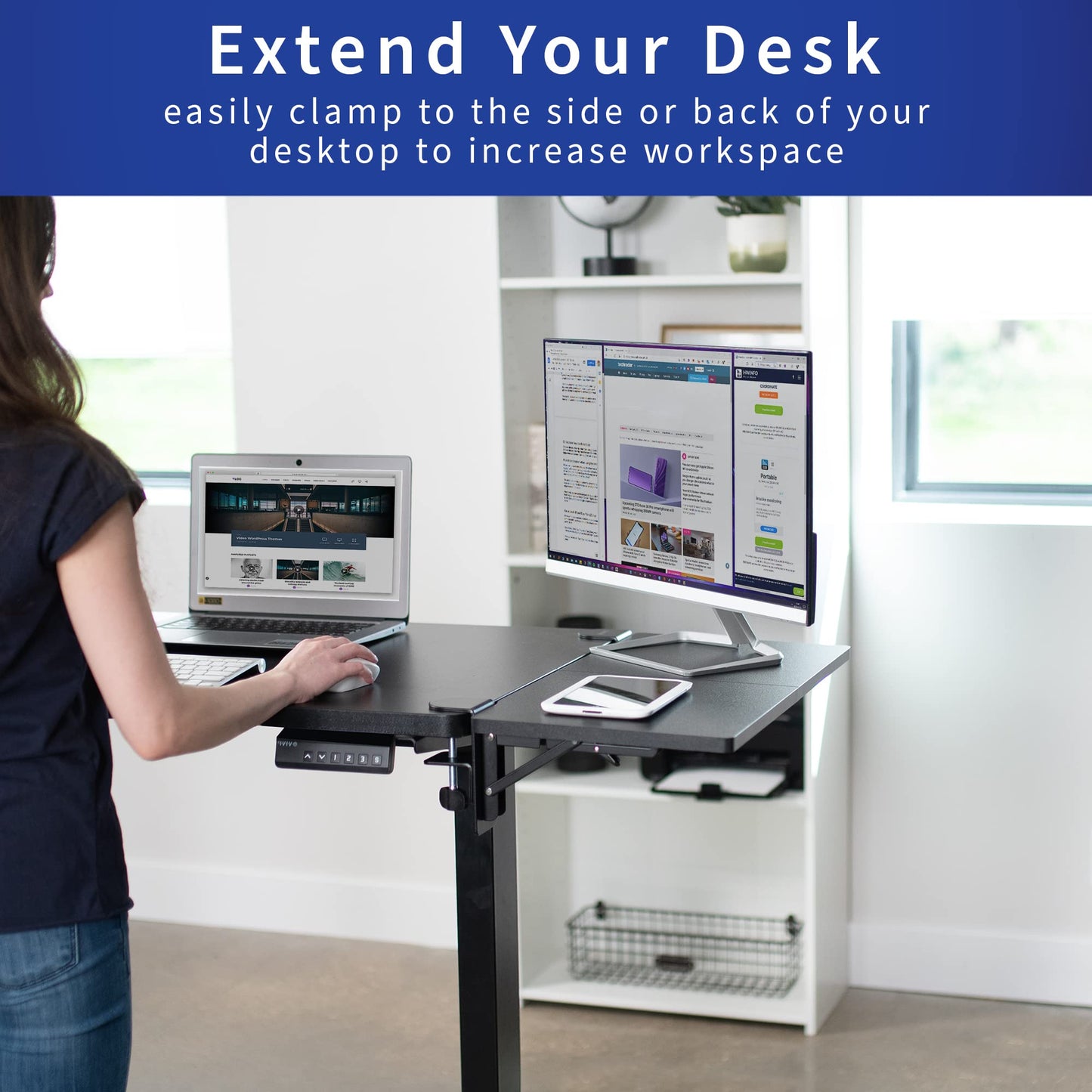 VIVO Clamp-on 24 x 12 inch (14 Including Clamps) Desk Extender, Wrist Support, Foldable Keyboard Tray, Table Mount for Sit Stand Desks, Black, DESK-EXT24.