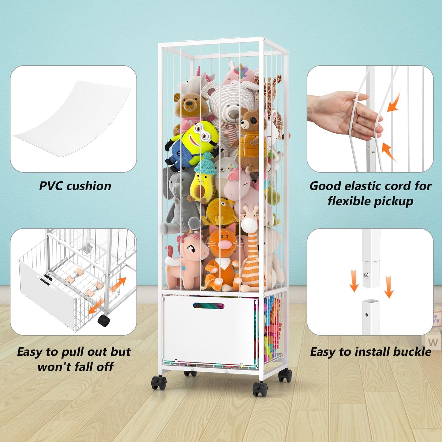 BUKFEN Metal Stuffed Animal Storage Zoo Toy Organizer - Large Capacity Plush Holder with Adjustable Elastic Cords & 4 Wheels, Vertical Space-Saving Design for Kids Nursery Playroom Bedroom,White