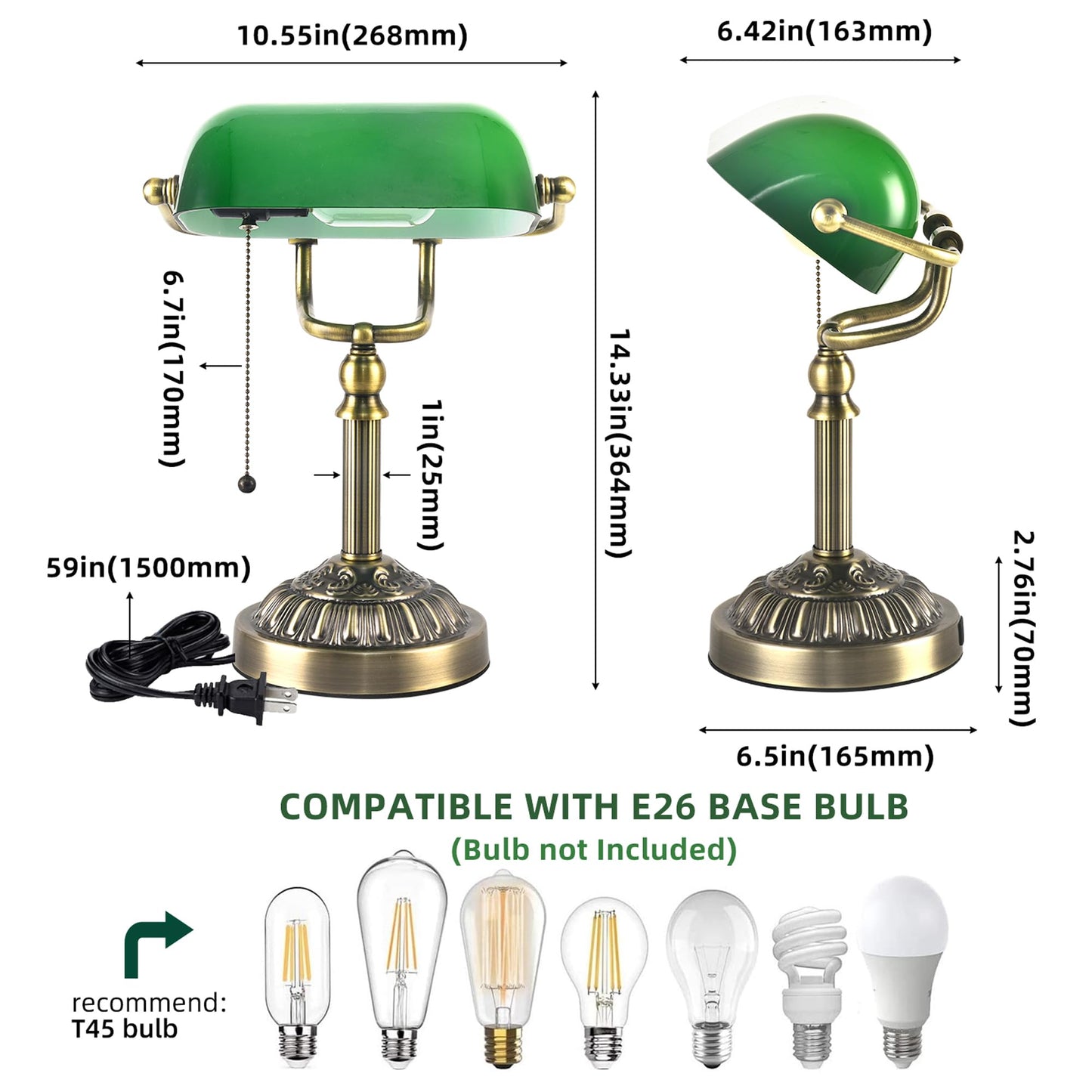 Rizzyluz Bankers Desk Lamp with USB-A Charging Port, Vintage Desk Lamps with Pull Chain Green Glass, Antique Brass Banker's Lamp for Home Office Library