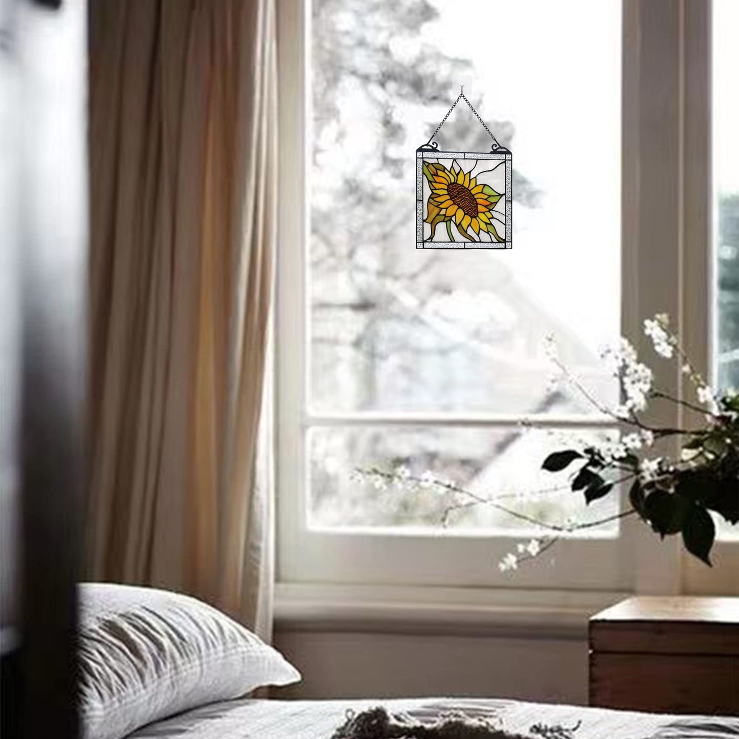 HAOSUM Sunflower Stained Glass Panels Window Hanging,Sun Flower Suncatcher Handmade Art Elegant Decoration,Sunflower Gifts for Women Home Decor,Window Or Wall Decor for Living Room, Bedroom