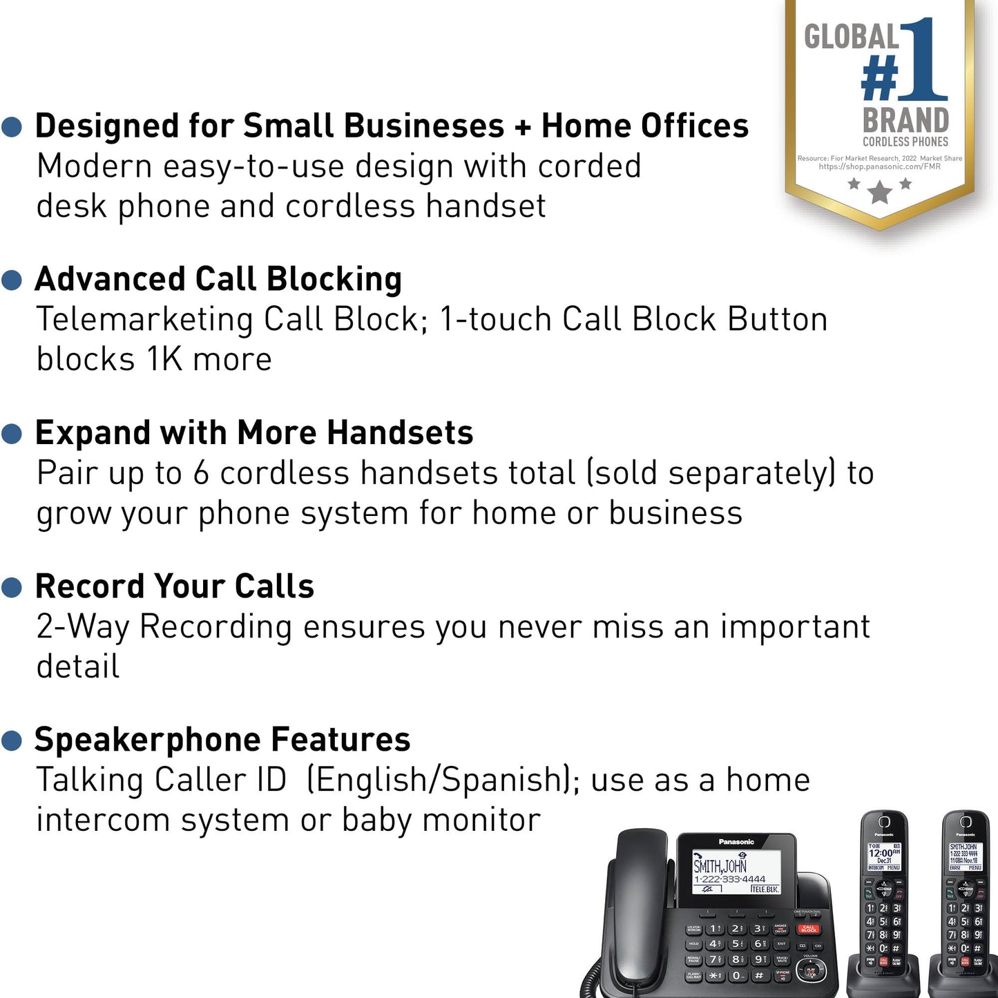 Panasonic Corded/Cordless Phone with Advanced Call Block, 2-Way Recording and Digital Answering Machine, 2 Handsets Expandable up to 6 Cordless Handsets - KX-TGF852B (Black)
