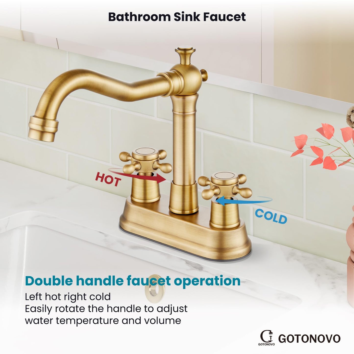Gotonovo Antique Brass 2 Hole 4 Centerset Bathroom Sink Faucet with Double Cross Handles Deck Mounted Brass Vanity Mixer Tap Utility Include Water Hose, Suitable for 6-12 inch Hole