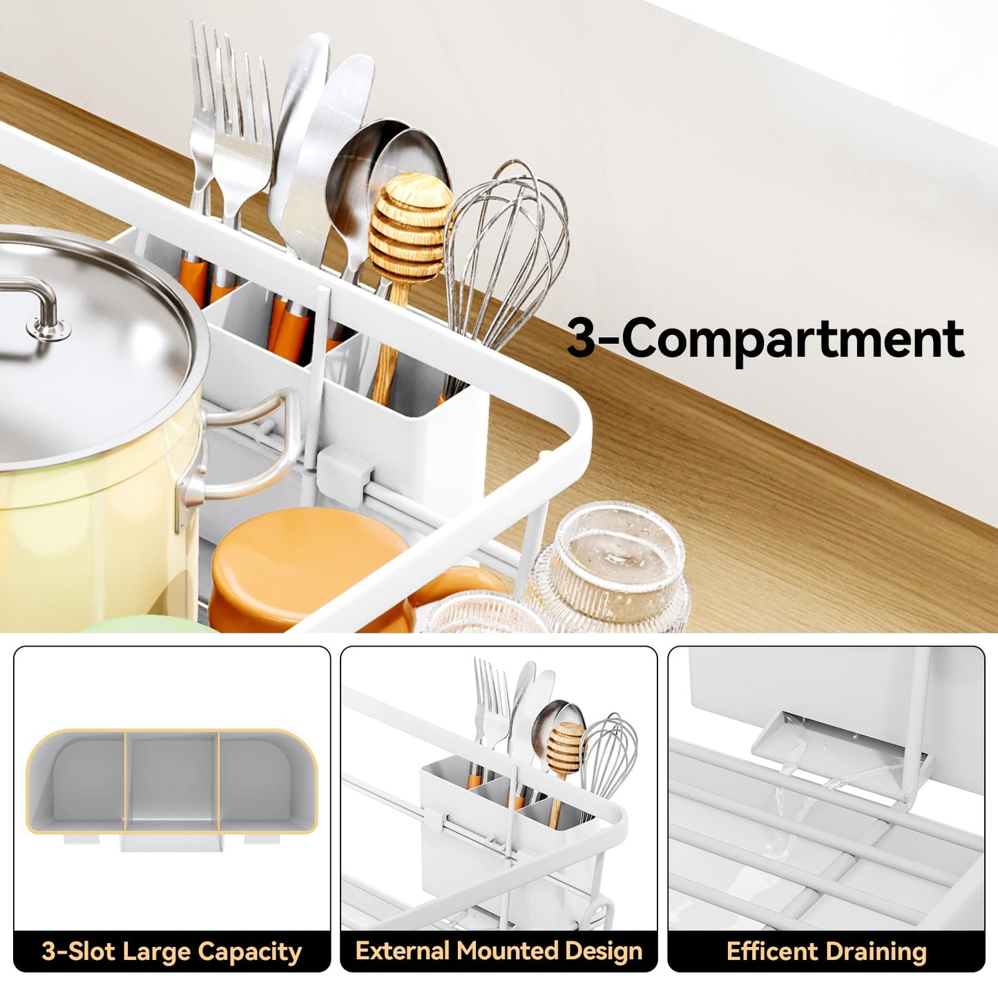 TOOLF Dish Drying Rack, Dish Racks for Kitchen Counter, Stainless Steel Sink Organization and Storage Essentials with Cutlery Holder, Dish Drainer, Home and Appartment Decor, 12.4''W x 16.5''L, White