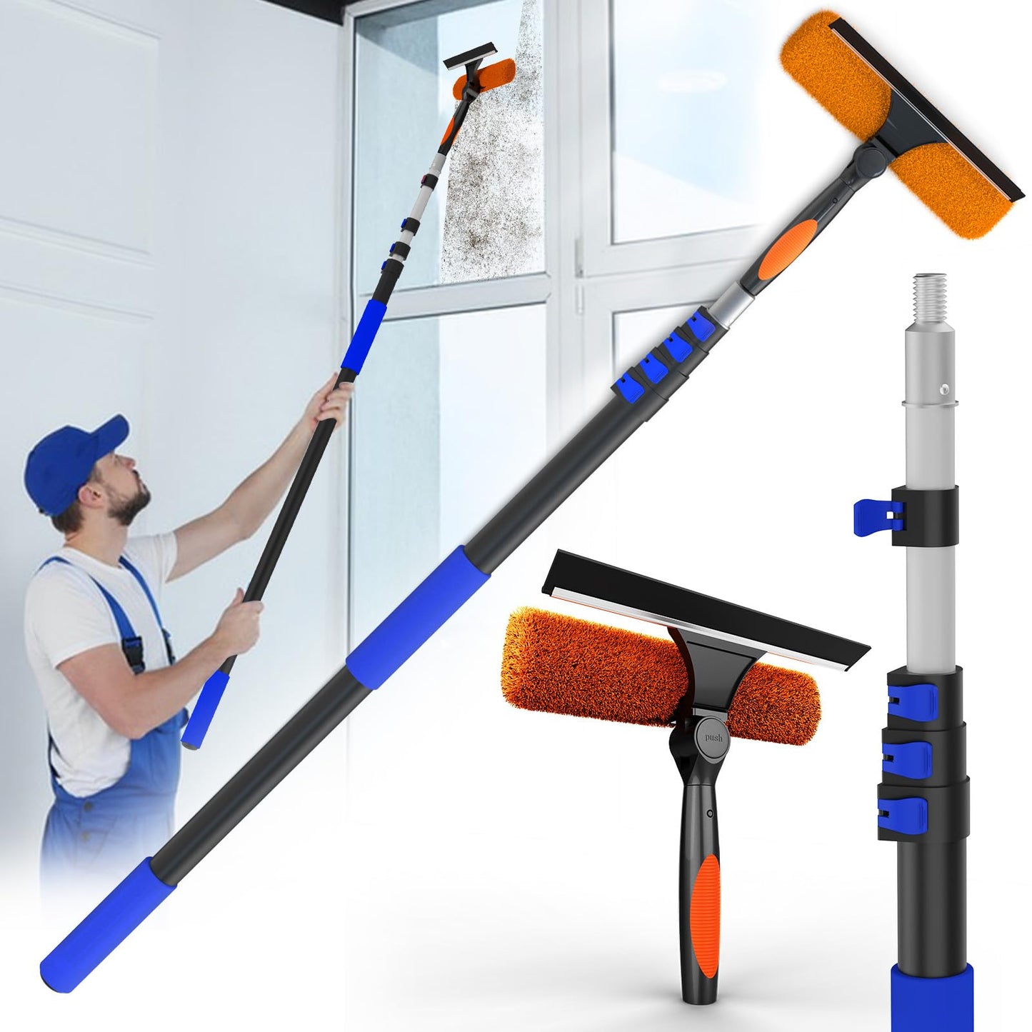 SKGPOLE 26FT Reach Window Squeegee for Window Cleaning Kit with 5-20 Foot Telescoping Extension Pole, 2 in 1 Window Squeegee, Cobweb Duster, Dust Kit Window Washing Kit for Car, Shower Glass Door
