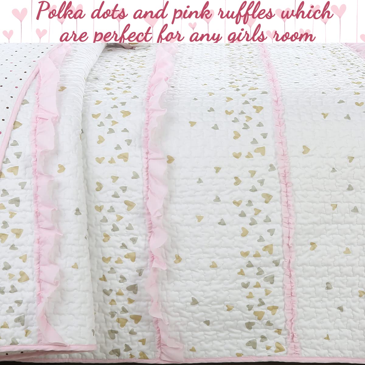 Cozy Line Home Fashions Pink Ruffle Metallic Printed Sweet Heart Polka Dot Girl Cotton Reversible Quilt Bedding Set, Coverlet, Bedspreads (Sparkling Hearts, Twin - 2 Piece)