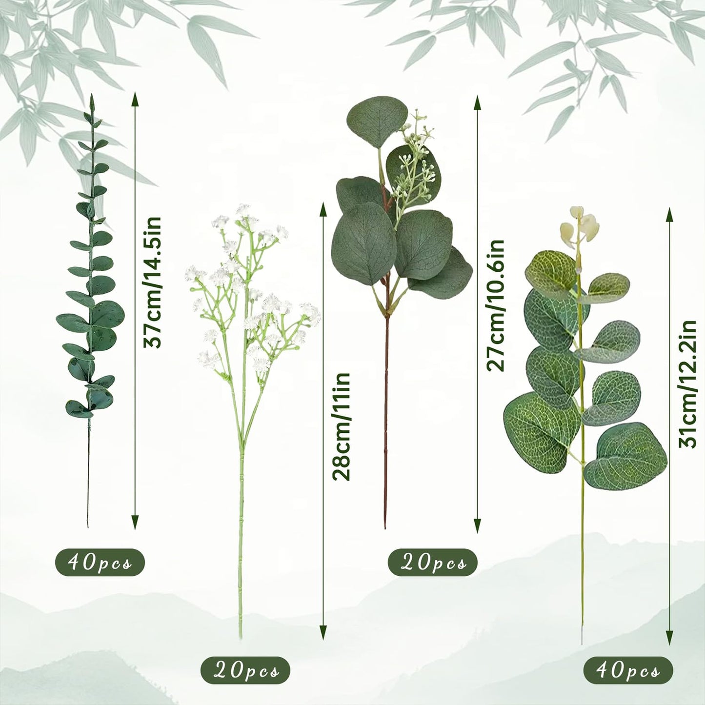 HUAHUA Mixed Artificial Eucalyptus Leaves Stems Bulk,Fake Greenery Plants Faux Silver Dollar Eucalyptus Leaves for DIY Bouquets Centerpiece Floral Arrangement Home Wedding Decor (120, Green/White)