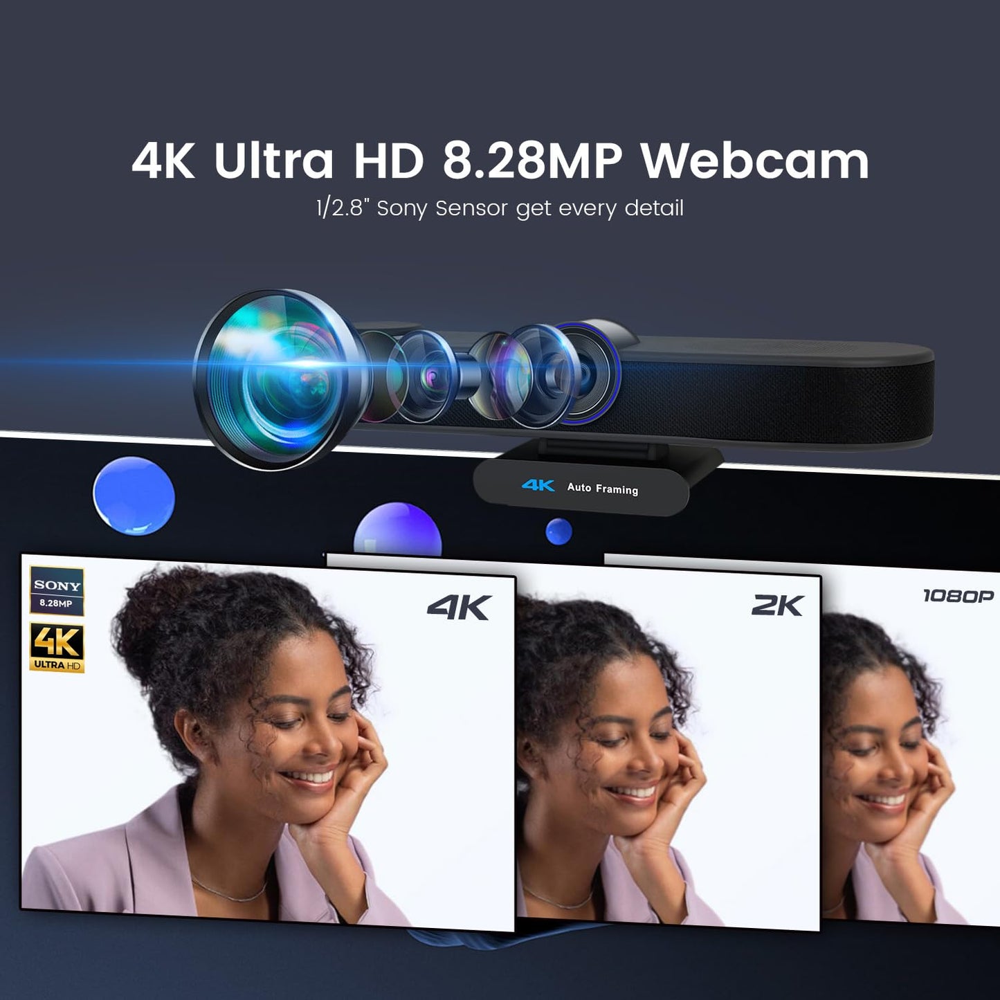 3-in-1 4K Webcam with Microphones and Speaker, AI Auto-Tracking 5X Digital Zoom Webcam 4K Adjustable Field of View Remote Control Works with Microsoft Teams, Zoom, Google Meet, PC Mac Laptop