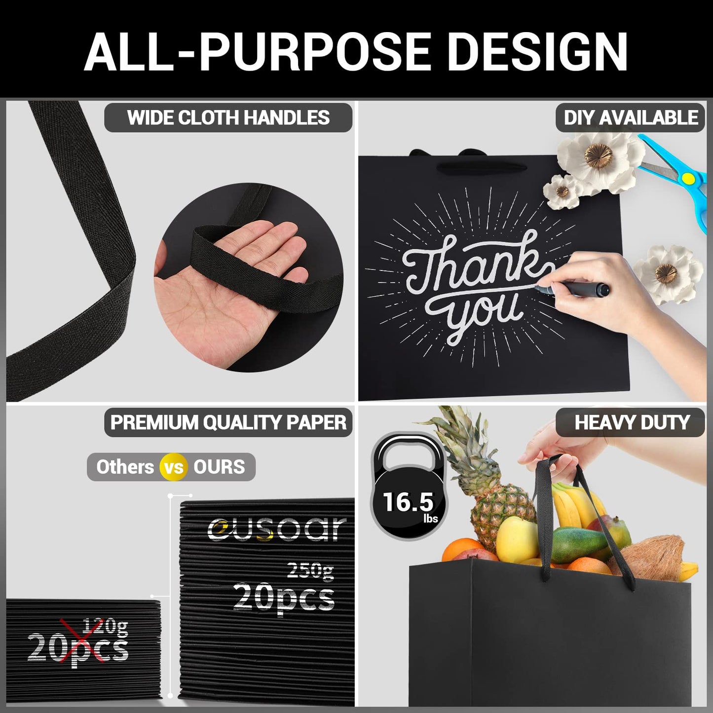 EUSOAR Large Gift Wrap Bags Bulk, 50 Pack 12.5x4.5x11 inches Black Paper Bags with Handles, Heavy Duty Totes for Wedding, Grocery, Boutique, Retail, Business, Party Favors, Baby Showers, Birthdays