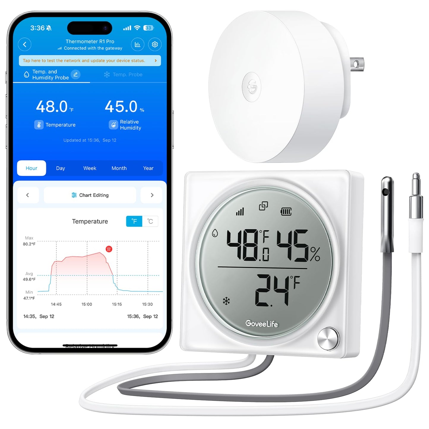 GoveeLife 2.0 WiFi Refrigerator Thermometer with Dual Probes, 1840ft Ultra-Long Range, Temperature & Humidity, Large LCD Display, Freezer Alarm, App Notification for Fridge, Kitchen, Farming