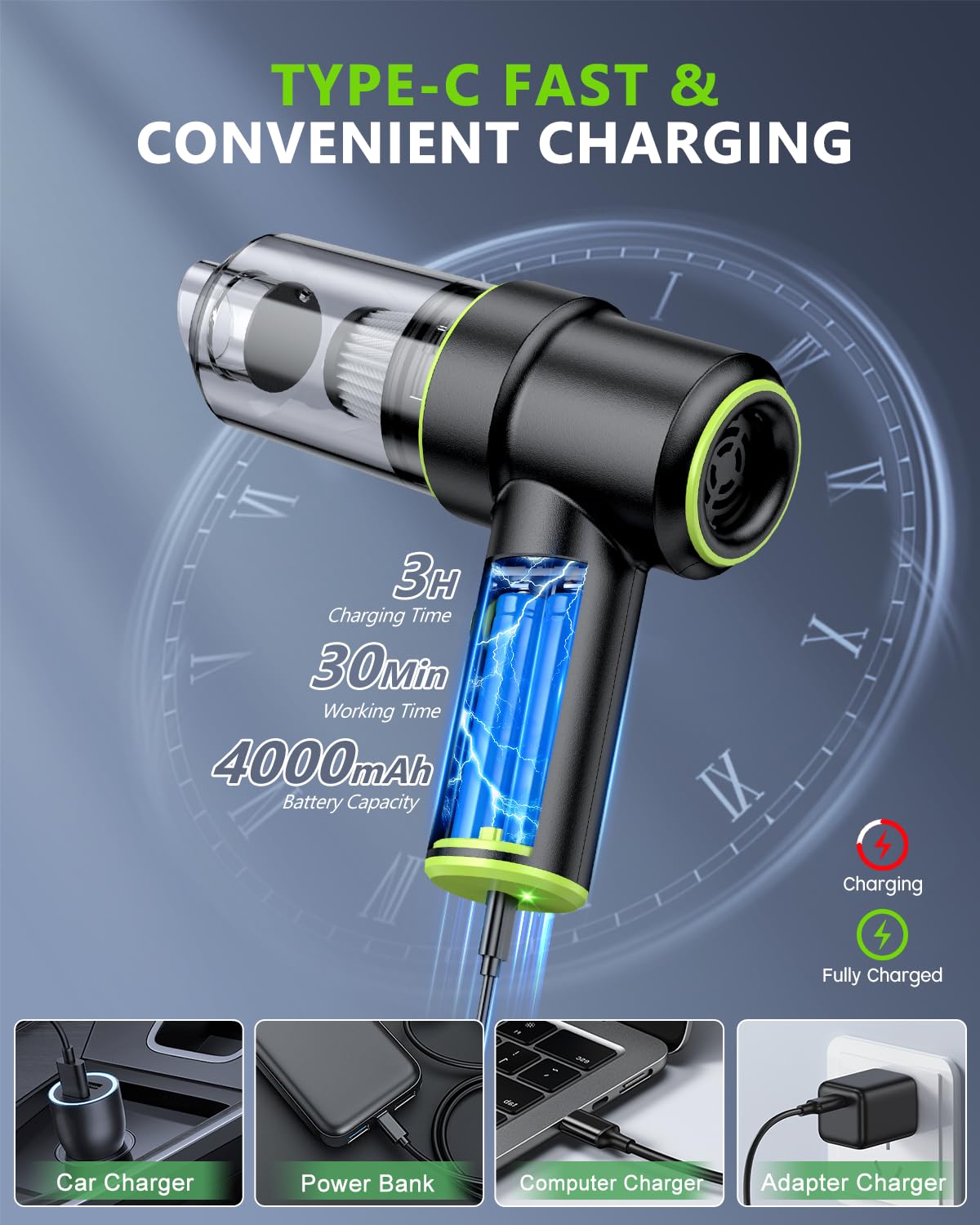 CODN Handheld Car Vacuum Portable Cordless 12000PA, 2 in 1 Handheld Vacuum Cleaner and Air Duster with Multi-Nozzles and LED Light, Mini Hand Held Vacuum Rechargeable for Home, Car, Office, Pet Hair