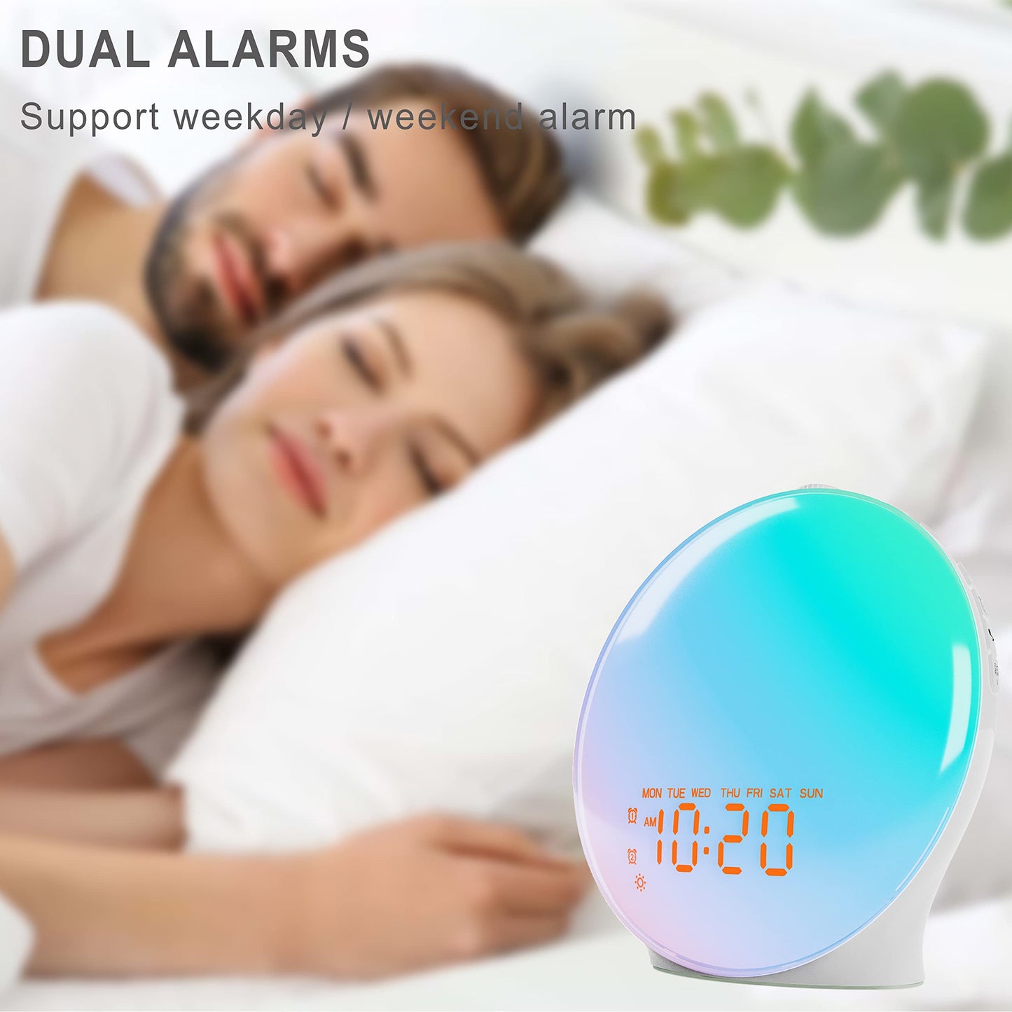 Wake Up Light Sunrise Alarm Clock for Bedroom, 17 Nihgtlights, Sound Machine with 5W Bluetooth Speaker, 25 Soothing Sounds, SleepTimer, Dual Alarms, FM Radio, Ideal Gift for Baby, Kids, Adults, Senior
