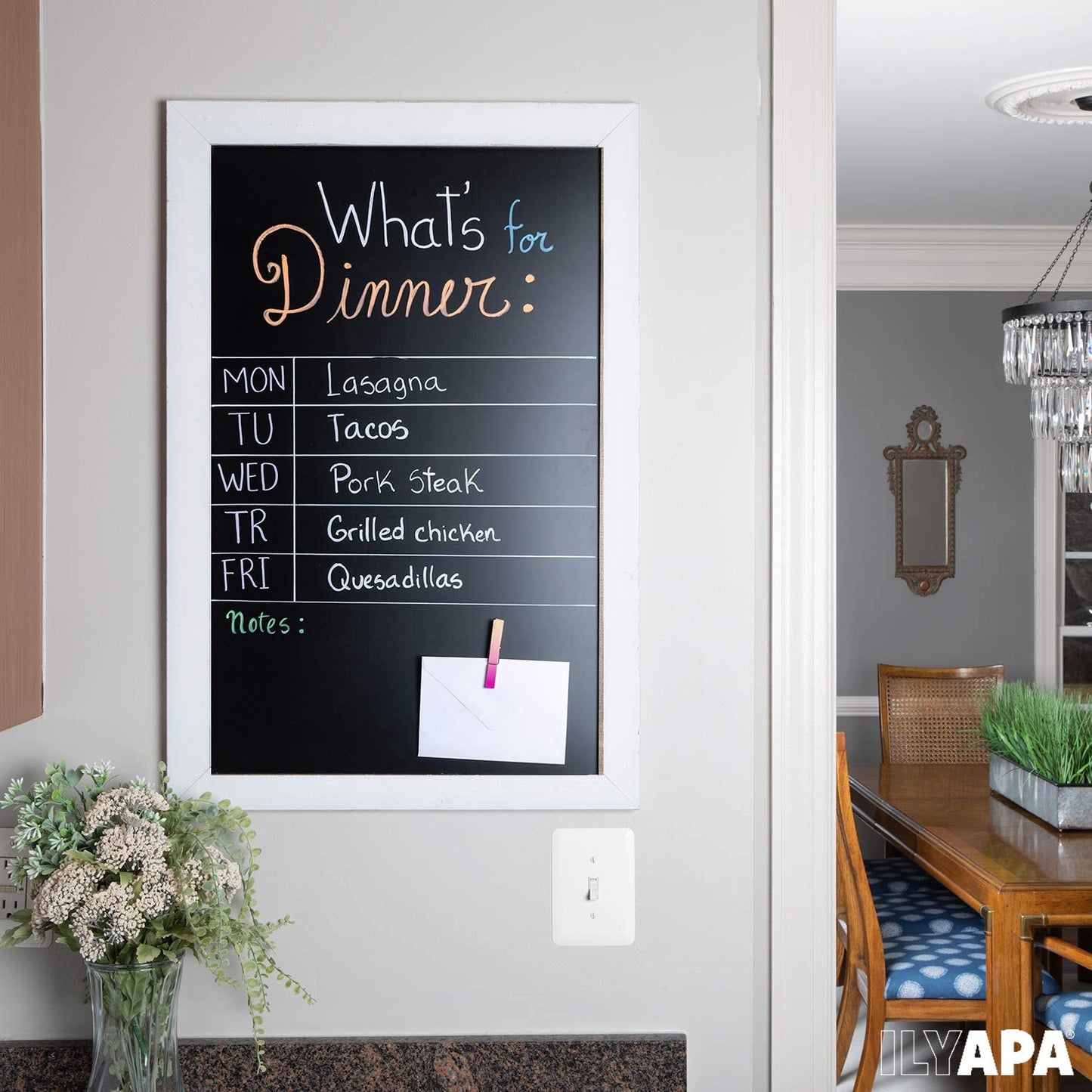 Ilyapa Rustic Wooden Magnetic Kitchen Chalkboard Sign - 20x30 Inch White Framed Wall Hanging Chalk Board for Farmhouse Decor, Wedding, Restaurant Menu