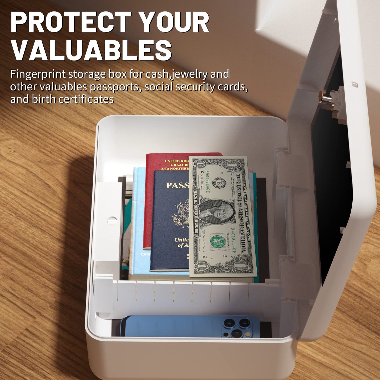 Biometric Fingerprint Storage Box,AICase Portable Cash Jewelry Security Case Lock Box Safe,Combination Lock for Car, Home,Office Travel White