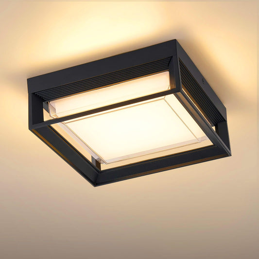 CHENS01 Square Flush Mount Outdoor LED Ceiling Light Fixture, 120V 24W 3000K 9 inch Medium Overhead Porch & Patio Lights Ceiling Mounted, Waterproof Suitable for Wet Areas, Black