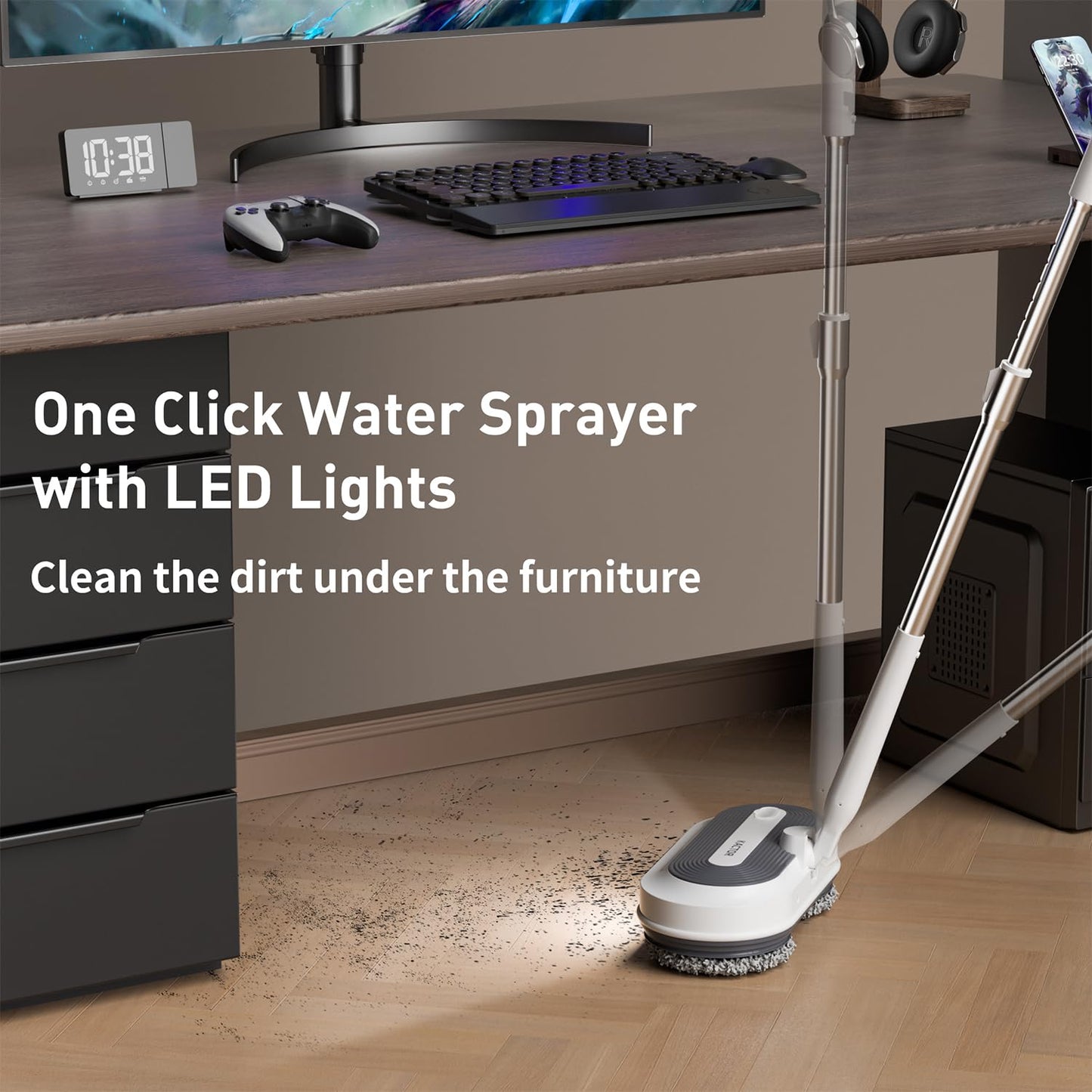 Cordless Electric Spin Mop, Electric Floor Cleaner with Water Sprayer & LED Headlight, 50mins Working Time, 290ml Water Tank, Adjustable Tube, Self-Propelled Multi-Surfaces Floor Mop for Home Cleaning