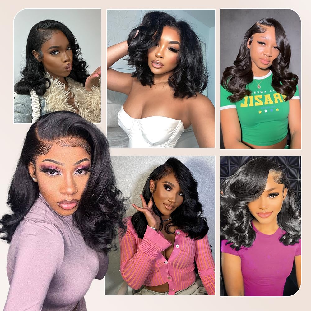 Devonia 14 Inch Bob Human Hair Wig 13x4 Body Wave Lace Front Wigs Human Hair Pre Plucked HD Frontal Lace Wig 180 Density Glueless Wigs for Women Bob Wigs Natural Black Color