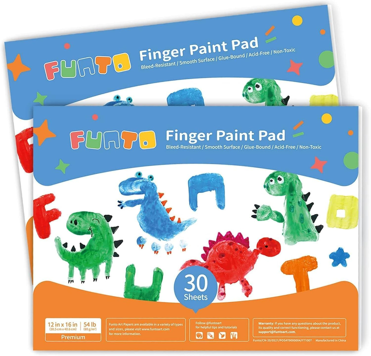 Funto Finger Paint Pad for Kids, 60 sheets total, 12”x16'', 2-Pack, Toddler Painting Supplies, Tempera Paint Pad for Kids, Art Paper for Finger Painting, Drawing & Art Supplies