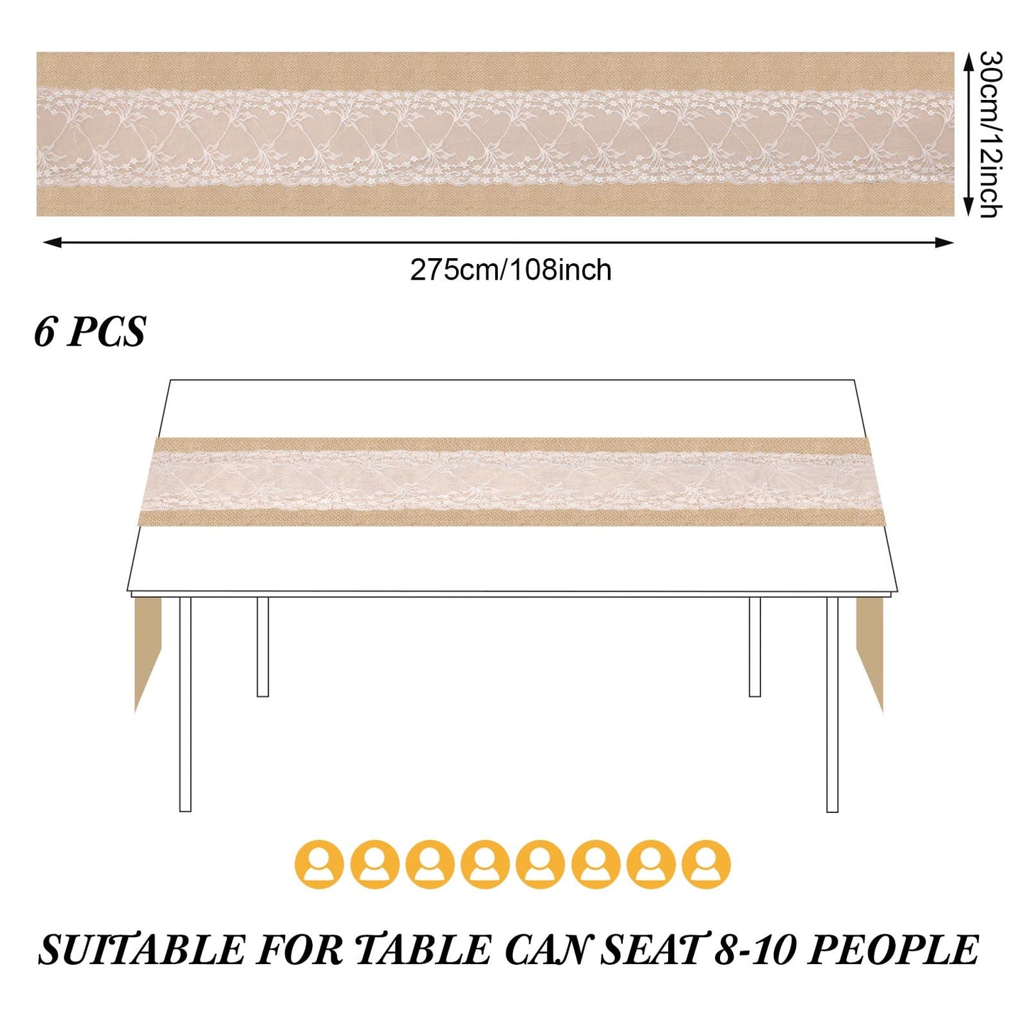 Xinnun 6 Pcs Burlap Table Runner with Lights 12 x 108 Inches Burlap Lace Table Runner Rustic Wedding Decorations Home Party (Vine)