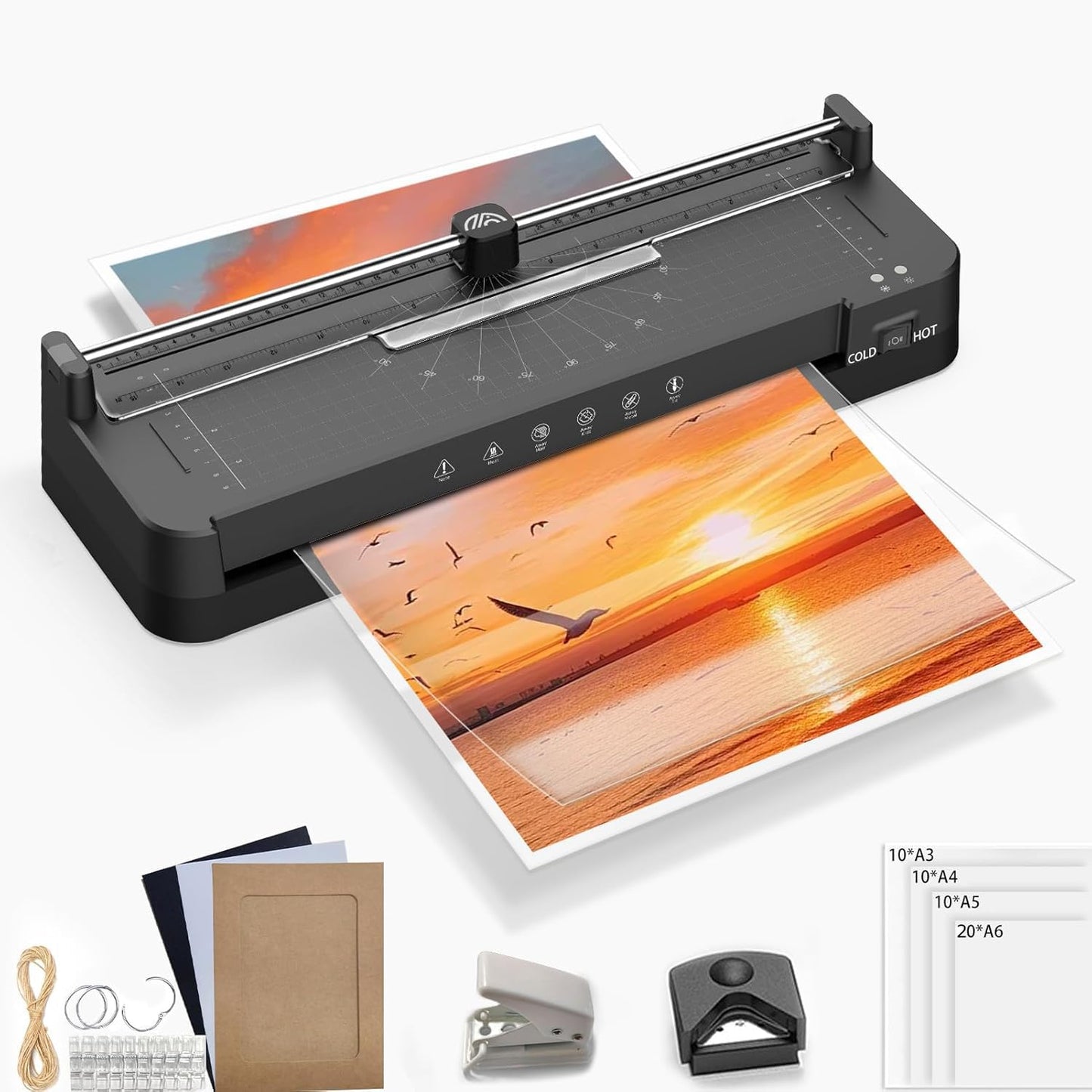 Laminator Machine with 50pcs Laminating Pouches Sheets, 9 in 1 Laminator 13-inch Wide Thermal &Cold Machine Built-in Paper Trimmer Corner Rounder Hole Punch for Home Office School (Black)