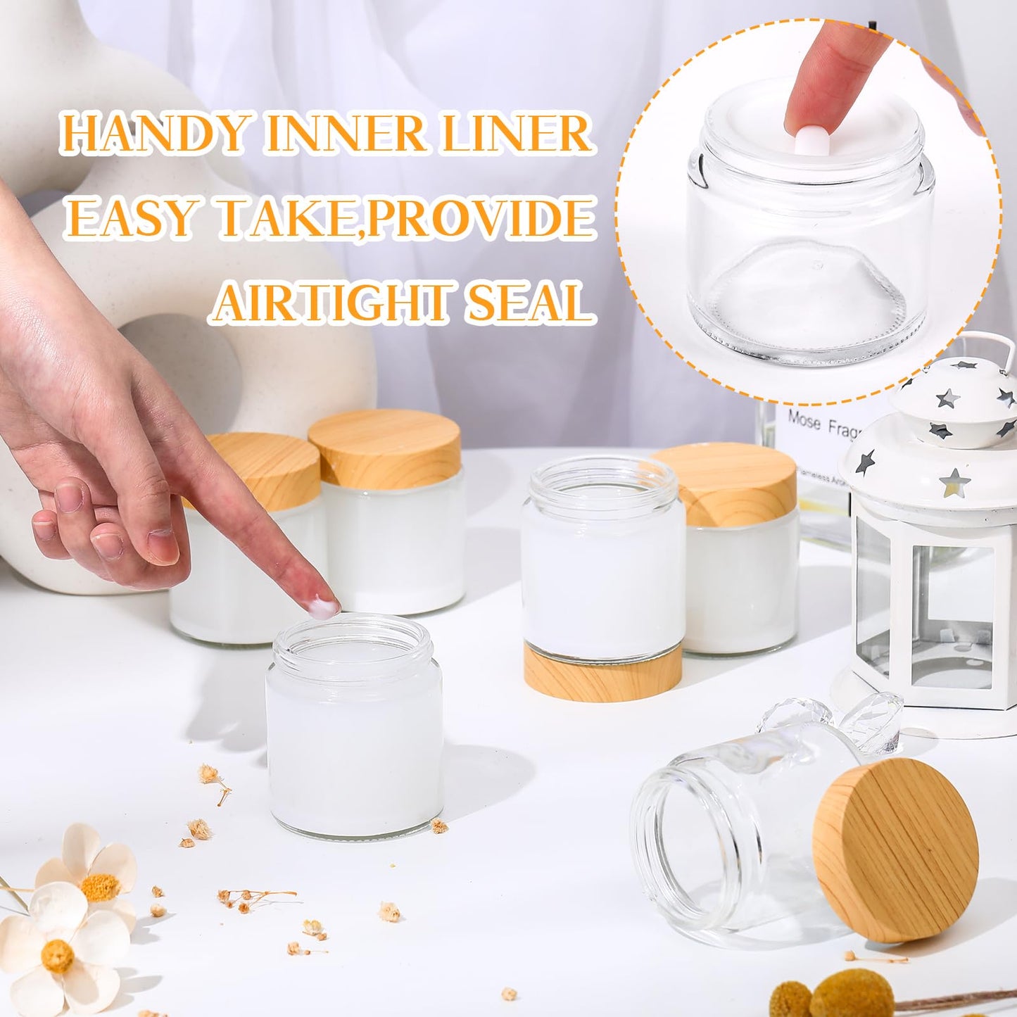 Norme 24 Pcs Glass Jars with Lids Empty Small Containers with Lids Inner Liners Reusable Cosmetic Jars Round Airtight Glass Bottles with Plastic Woodgrain Lids for Travel (4 Oz)