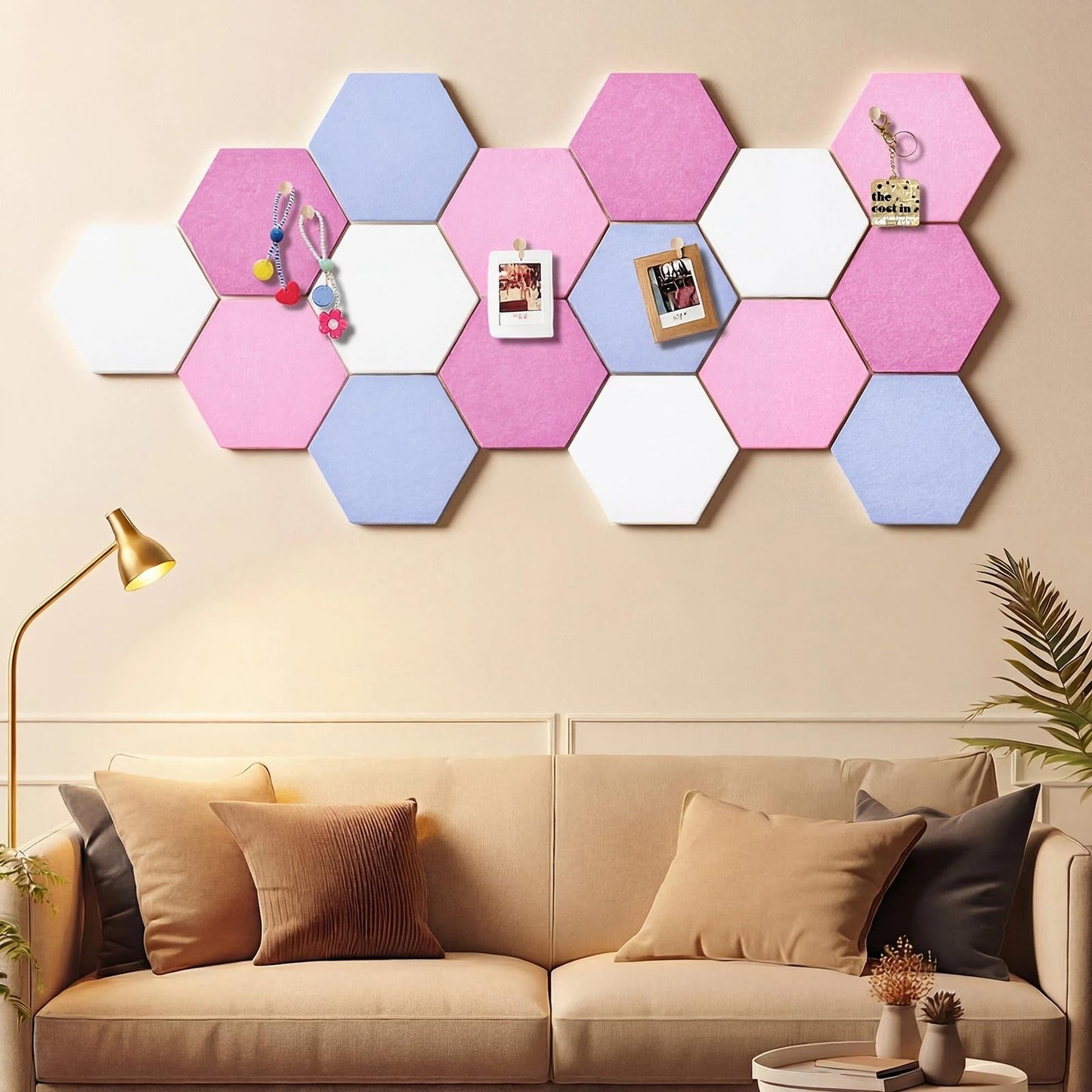 Mindsoft 16 Pcs Hexagon Cork Board for Walls with 50 Wooden Push Pins 12x10 in Felt DIY Tiles Notice with Nano Tape Hanging Bulletin Board for Home Photo Office Memo Note(Pink)