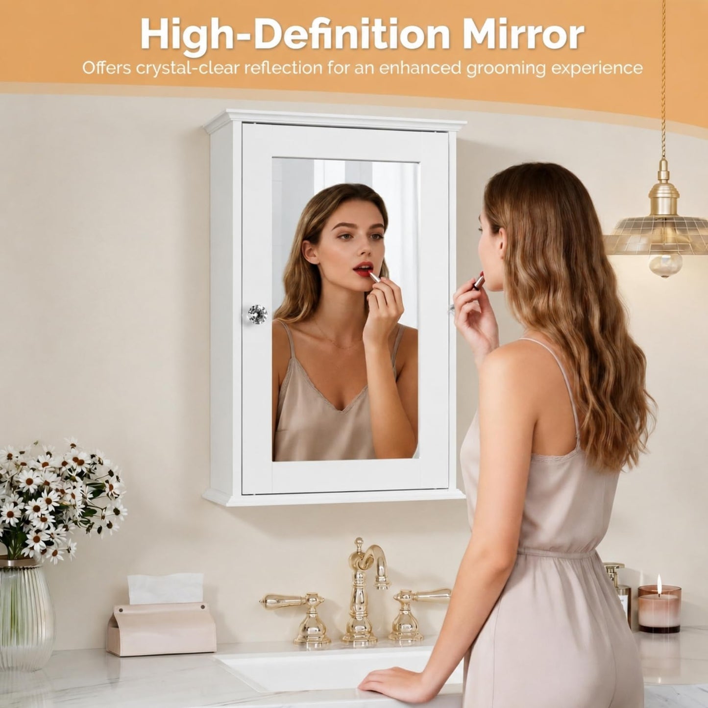 VINGLI Bathroom Wall Cabinet Wall Mount Mirrored Medicine Cabinet with Mirror Storage Organizer with Single Mirror Door and 2 Adjustable Shelves White