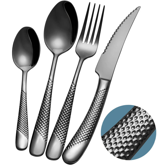 Xideman 16-Piece Modern Black Hammered Silverware Set with Ultra Sharp 2-IN-1 Serrated Knives, 18/10 Stainless Steel Flatware Set, Titanium Plated Cutlery Set Service for 4, Dishwasher Safe