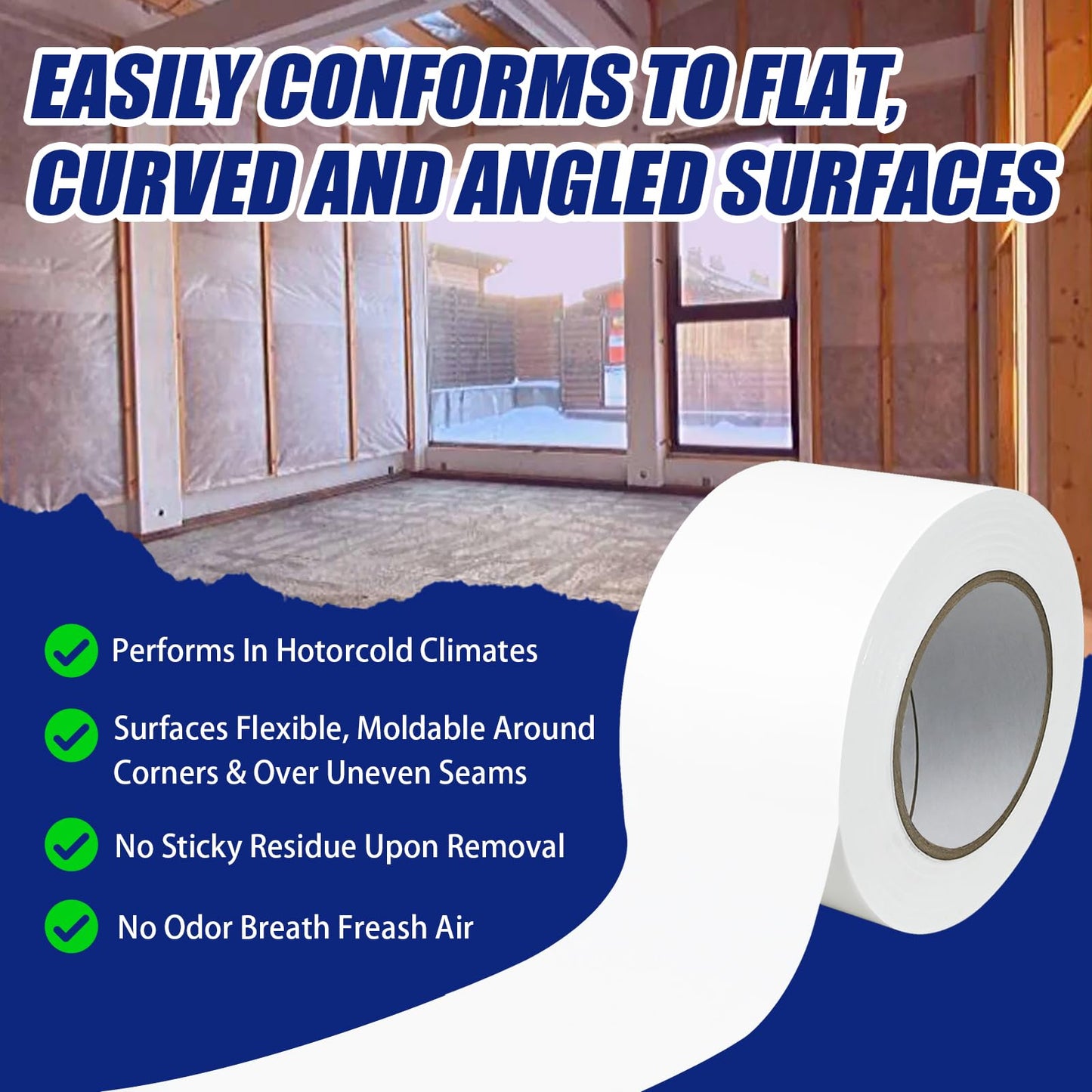 Bghdas 4 Roll, White Vapor Barrier Tape, 4" Wide x 180' Long, PE 9 mm Polyethylene Tape, for Stucco Waterproof Moisture Barriers Seal and Seam, for Crawlspaces, Insulation Repairs & Plastic Liners