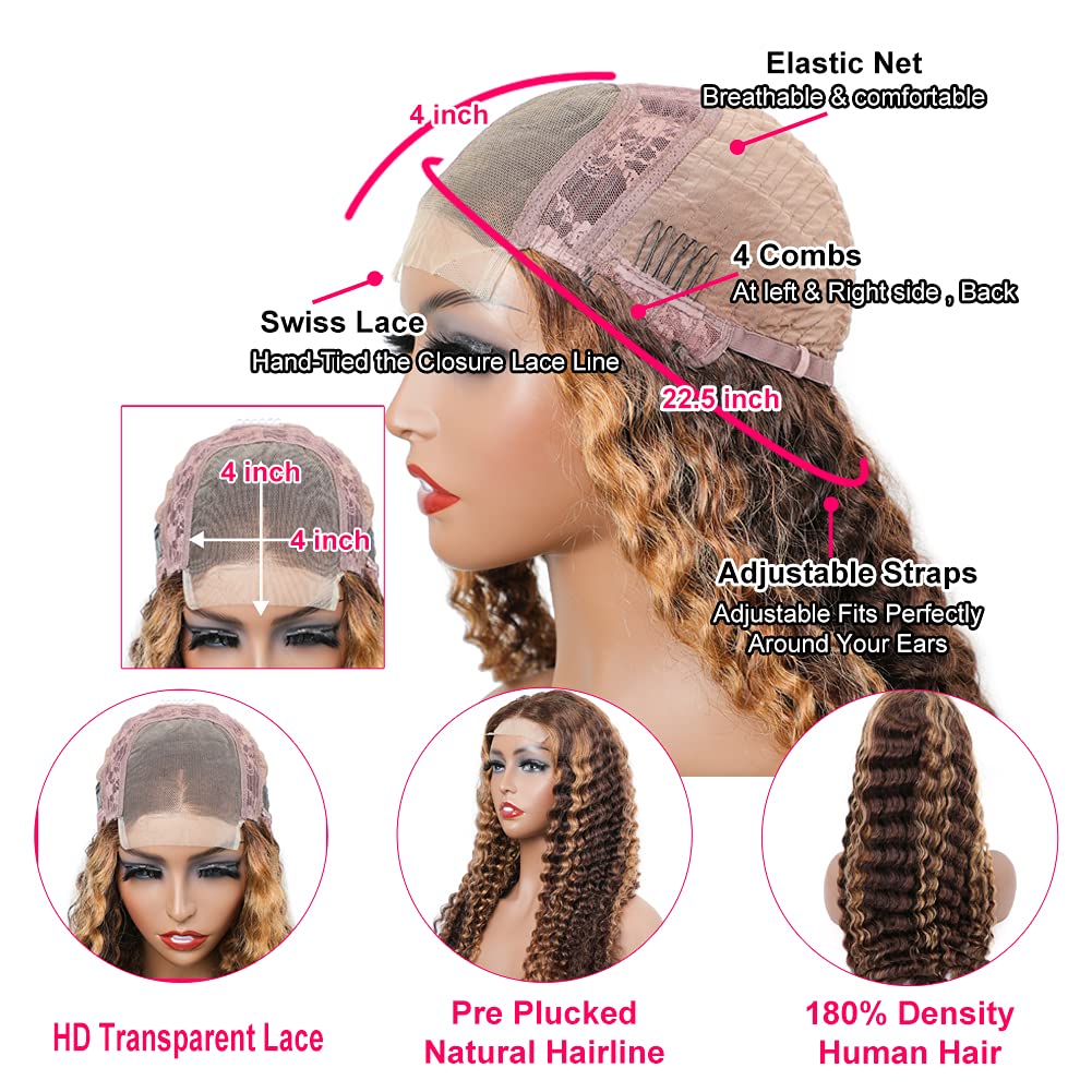 BLY Highlight Human Hair Lace Front Wigs Deep Wave #4/27 Ombre Colored Glueless Wigs Pre Plucked 16 Inch 4x4 Transparent Curly Water Wave Lace Wig Honey Blonde Real Human Hair 180% Density