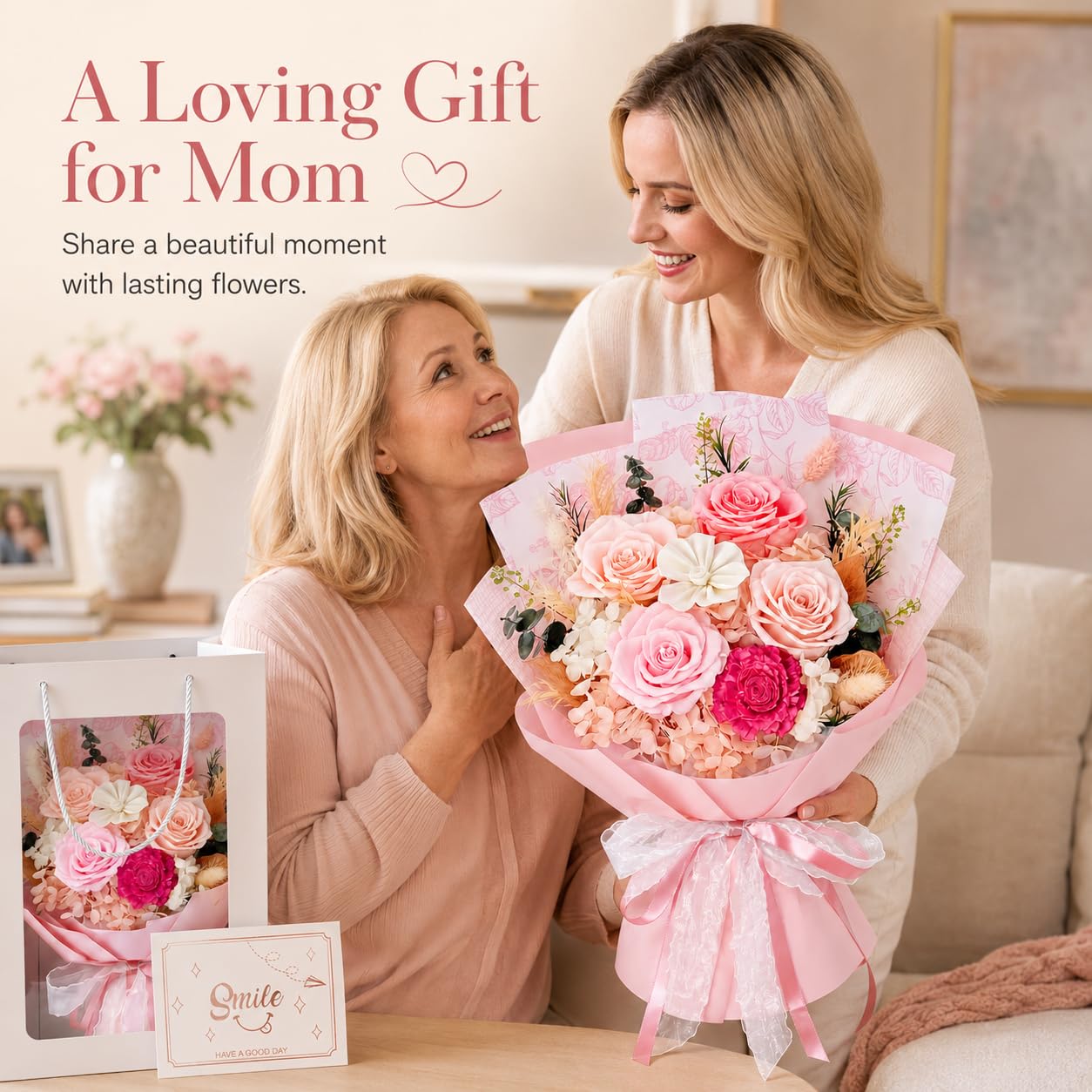 Pink Preserved Flowers Bouquet, Eternal Real Flower for Women Real Roses That Last 3 Years Handmade Floral Arrangement for Mother's Day Birthday Gifts Anniversary Surprise for Mom Women Her