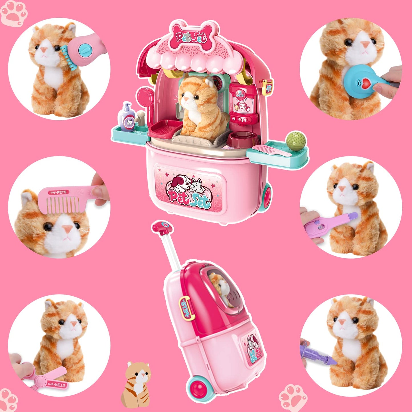MAGIC4U Pet Cat Care Carrier Suitcase Toy, 29PCS Vet Clinic and Doctor Kit for Kids, Pet Kitty Grooming Feeding Toys, Veterinarian Pretend Play Set, Gifts for Boys and Girls Ages 3-12