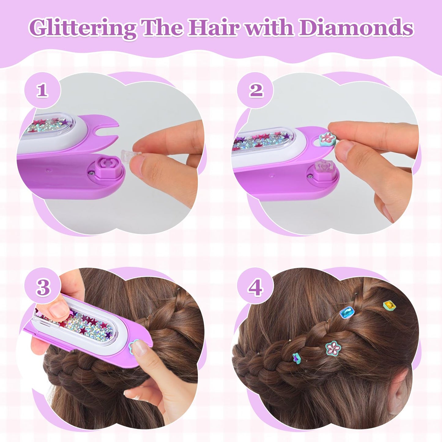 Hair Gem Stamper Kit, Hair Bedazzler Styling Tool with Reusable Rhinestones, Girls Hair Accessories, Birthday Gift Toy for Girls (Pink) (Purple)